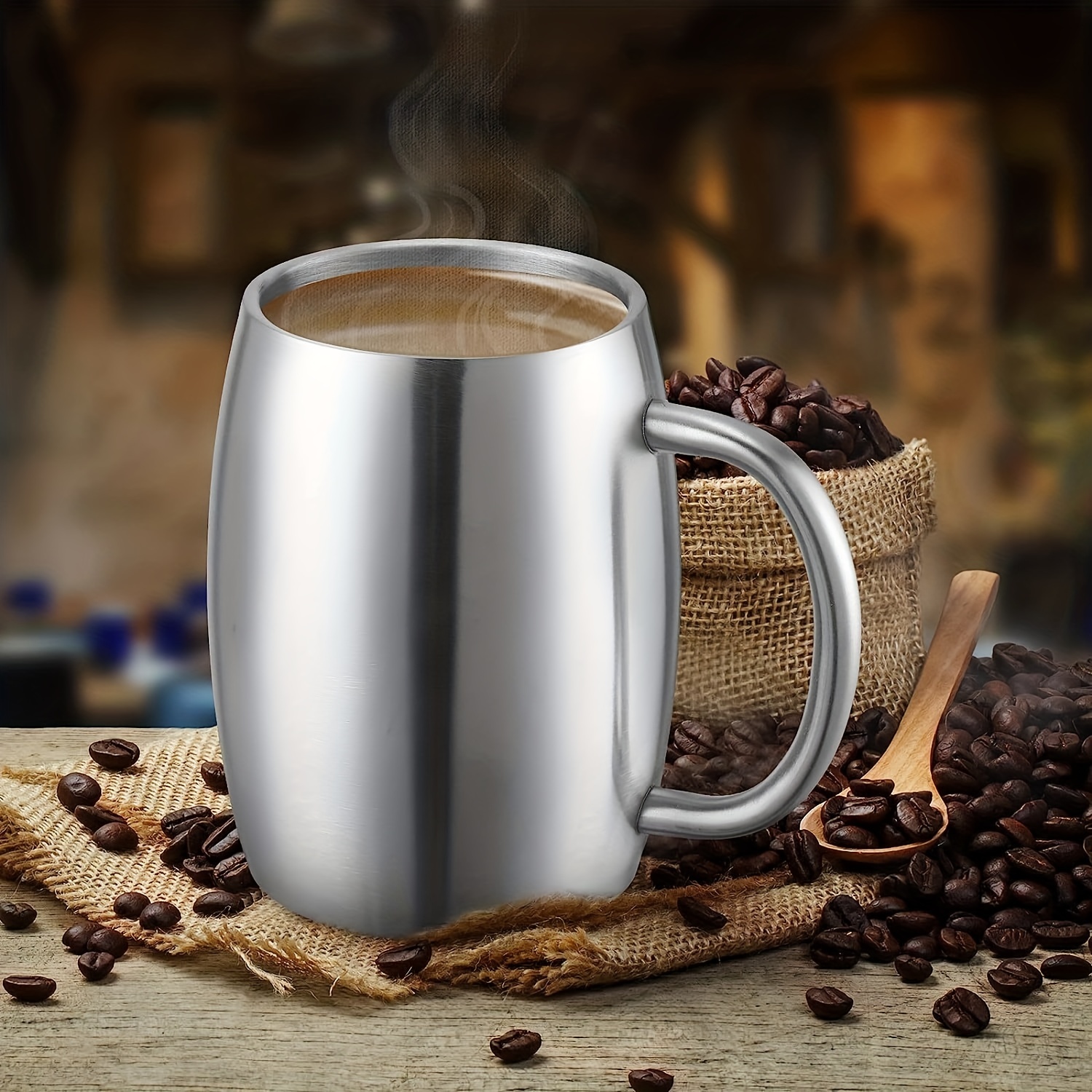 1pc, 14 oz Double Walled Stainless Steel Coffee Mug with Lid & Handle -  Shatterproof, Durable, and Perfect for Travel, Outdoor, Camping, and Vacuum  Co