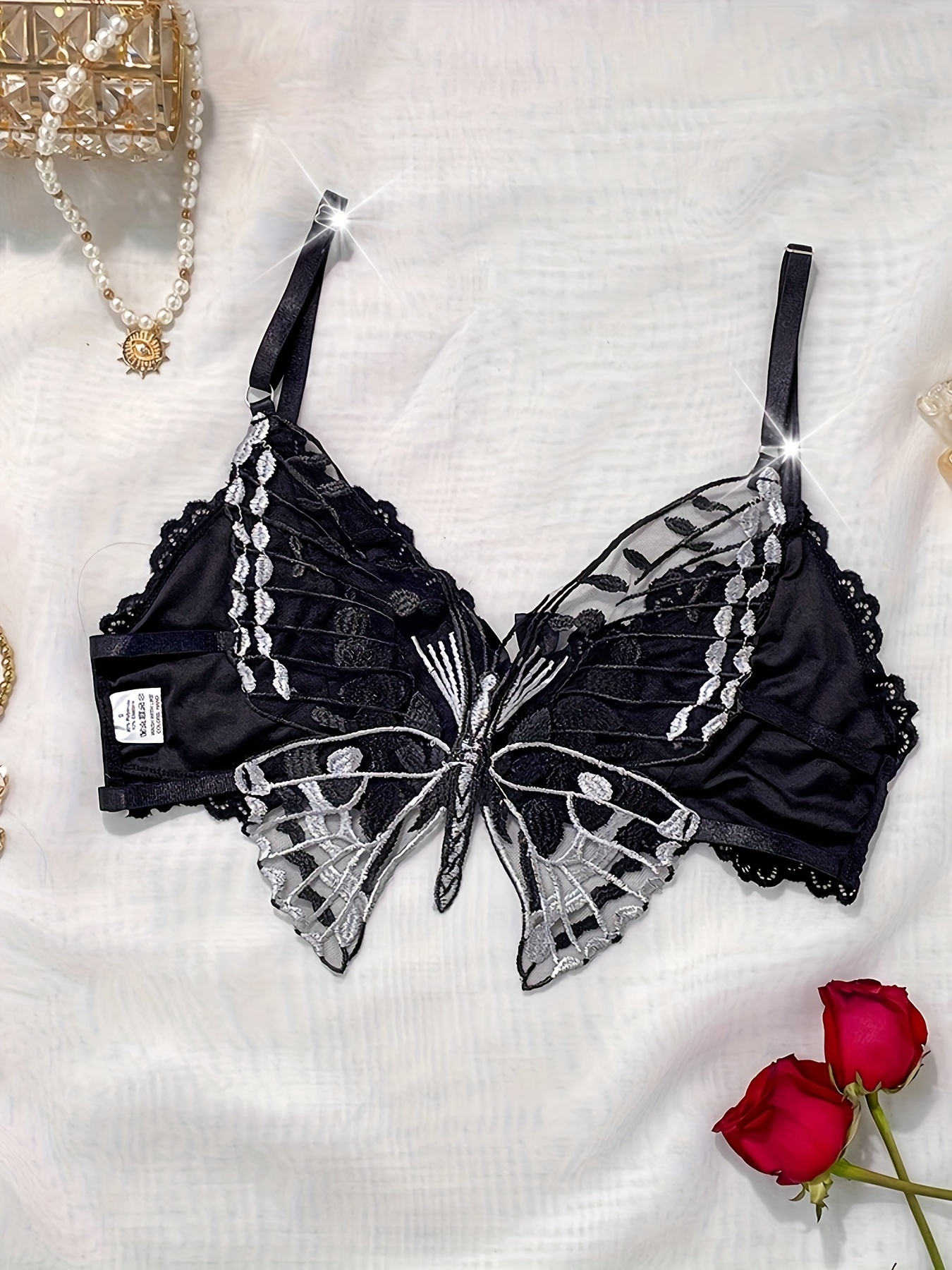 Contrast Lace Push Bra Butterfly Embroidery Intimates Bra - Temu