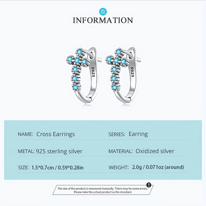 925 Silver Cross Pattern Turquoise Hoop Earrings Bohemian Style