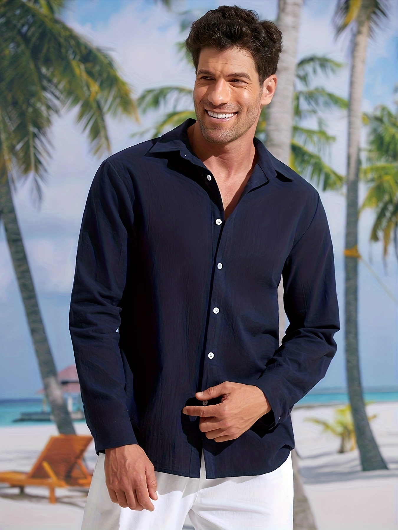 Solid Men's Casual Comfortable Long Sleeve Button Shirt - Temu
