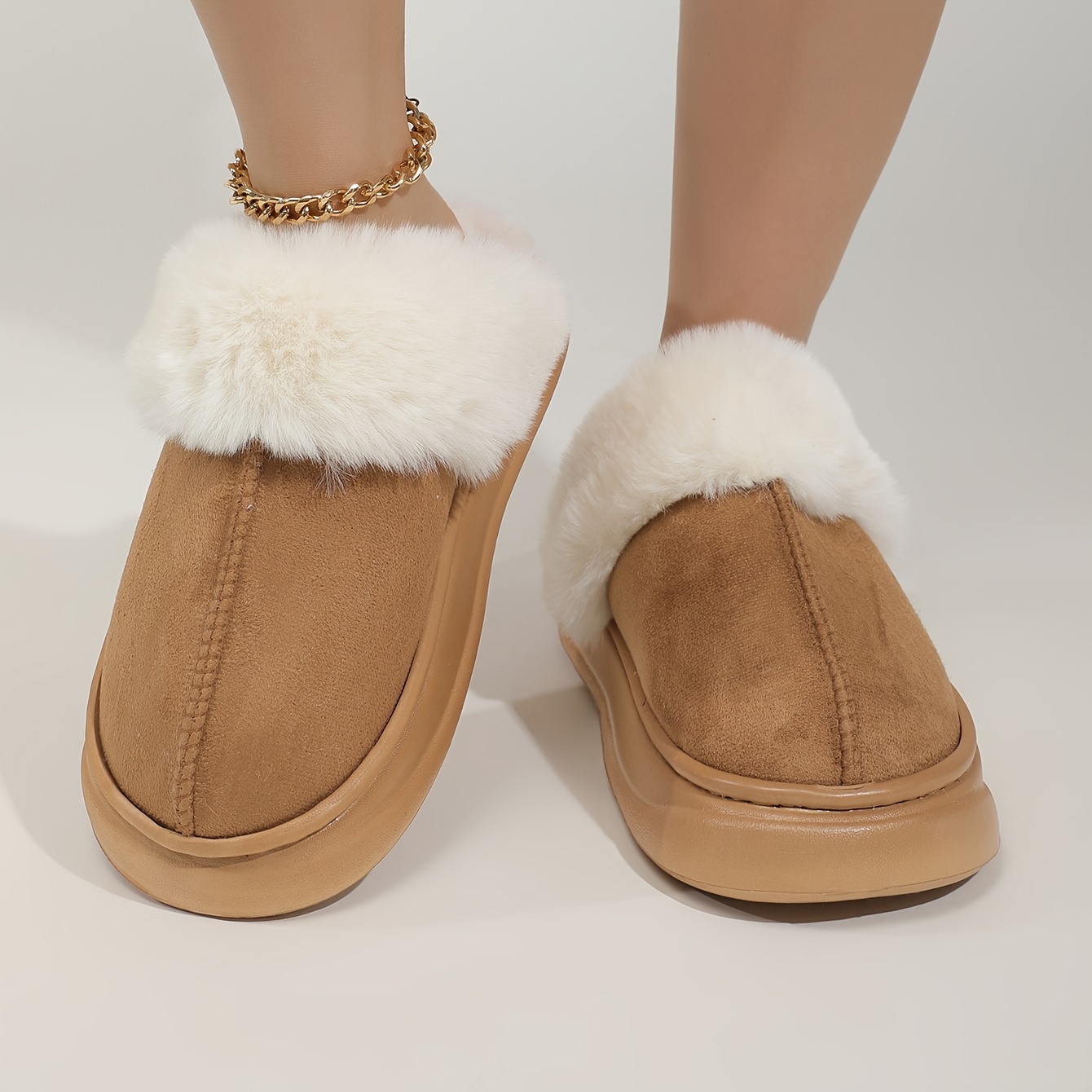 

Solid Color Home Warm Slippers, Soft Sole Platform Closed Toe Fluffy Shoes, Non-slip Winter Plush Lined Shoes