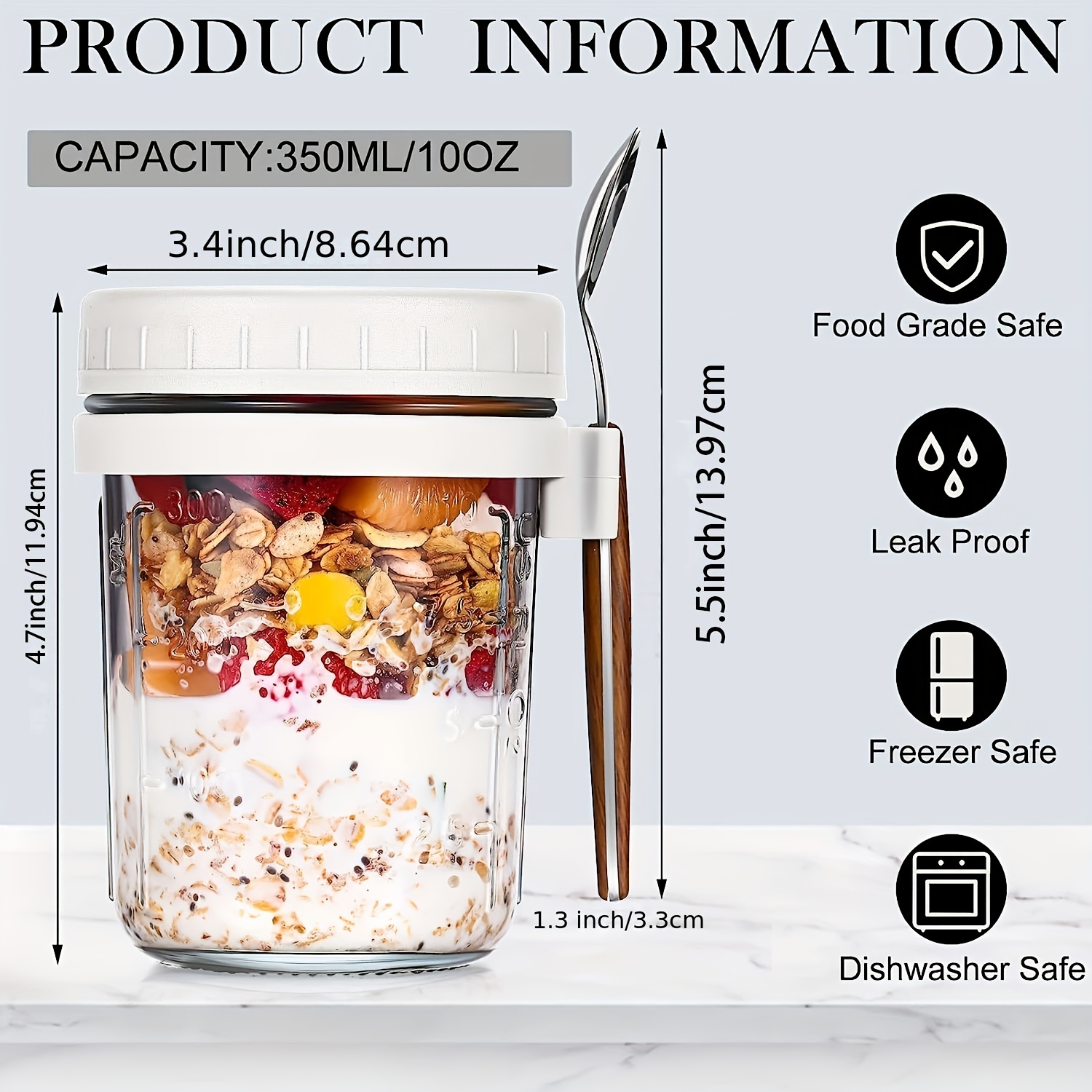 Multipurpose Glass Food Jars For Overnight Oats, Cereal, Milk, Vegetable  And Fruit Salad - Includes Lid And Spoon - Measurement Marks For Easy  Portion Control - Temu United Arab Emirates