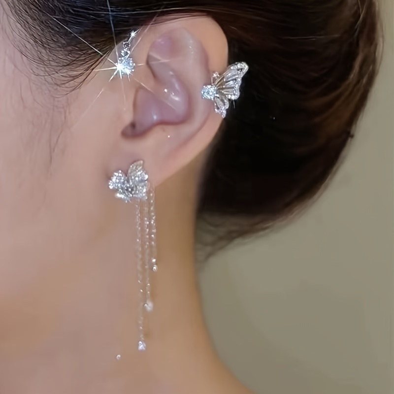 Butterfly Stud Earrings with Hollow Chain Set