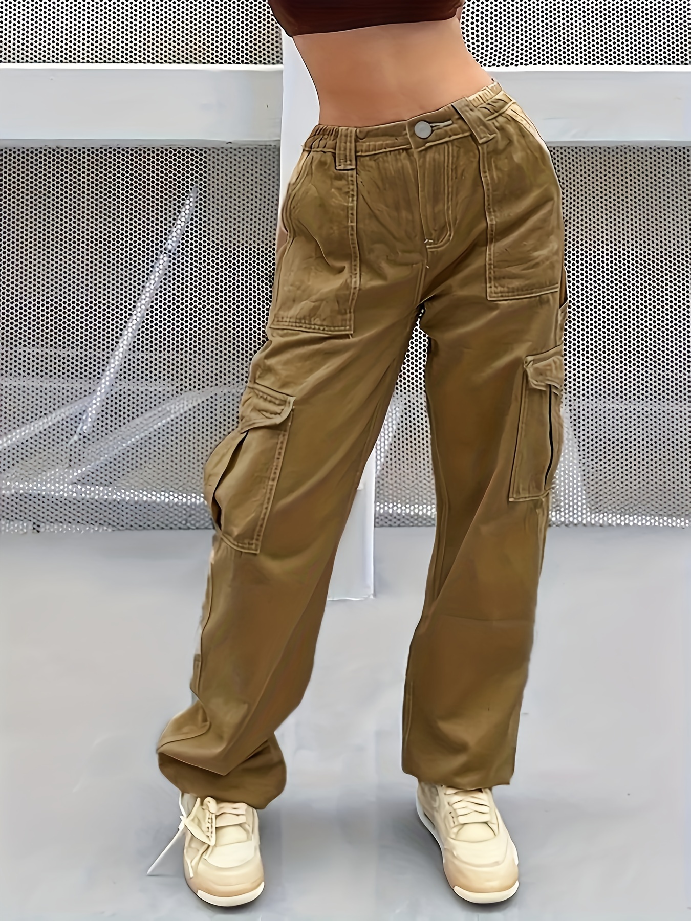 Plain Flap Pockets Cargo Pants Loose Fit Y2k Kpop Style - Temu