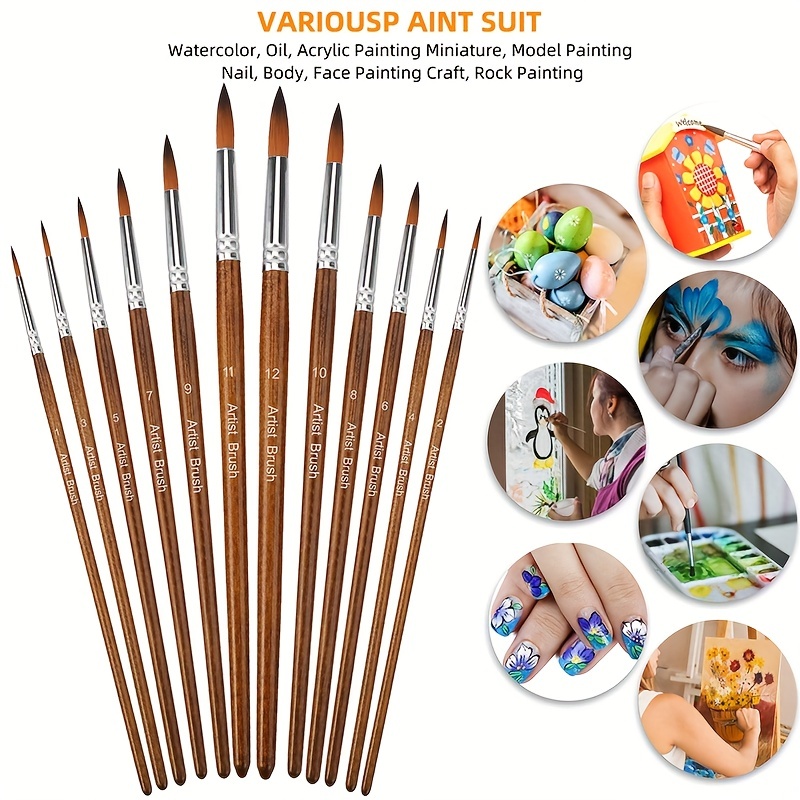 Watercolor Paint Brushes Set - 12Pcs Round Pointed Painting Brush for  Acrylic Gouache Oil Artist Miniature Model - Short Handle