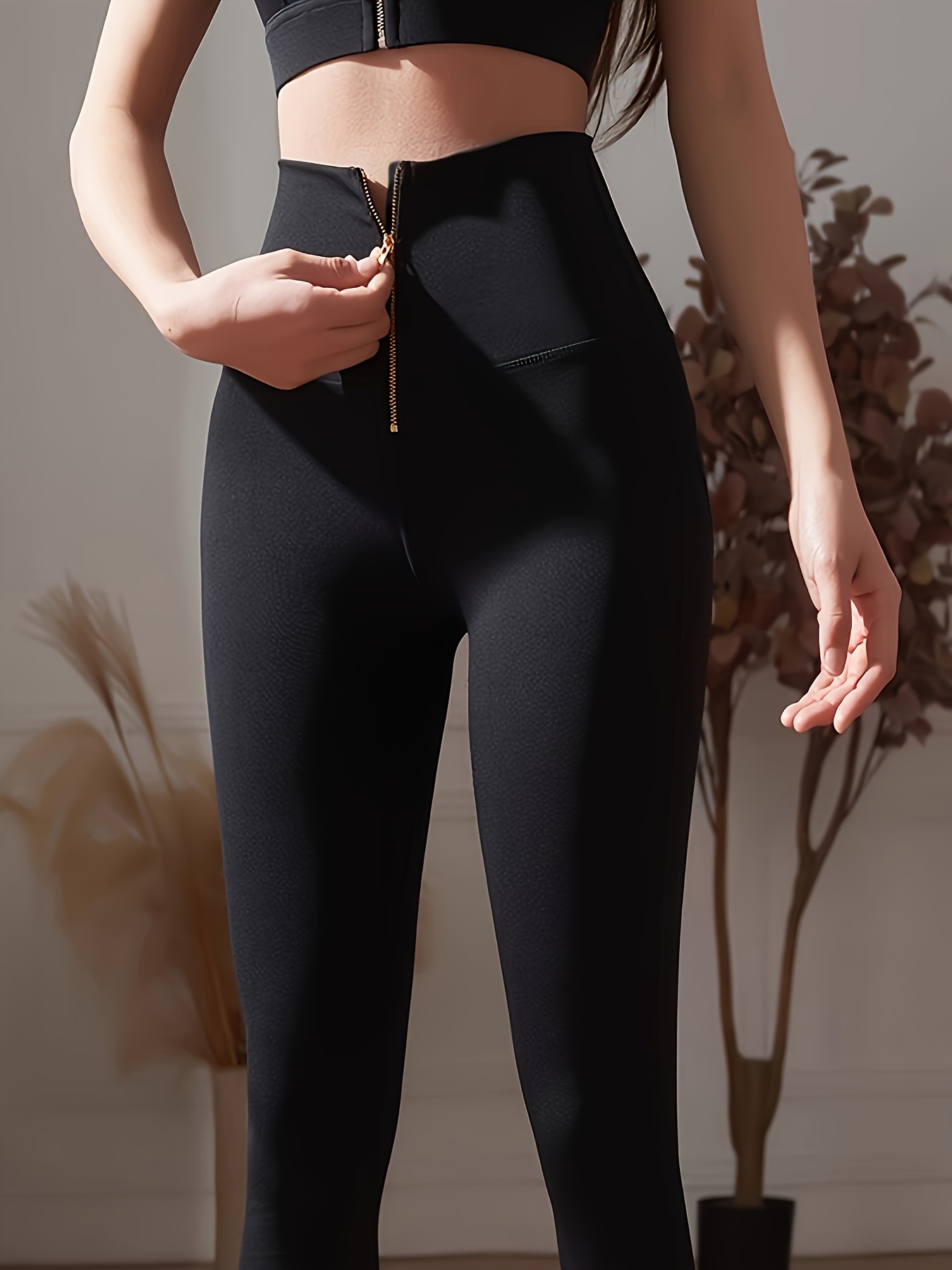 Solid Zip Front Skinny Leggings Casual High Waist Stretchy - Temu
