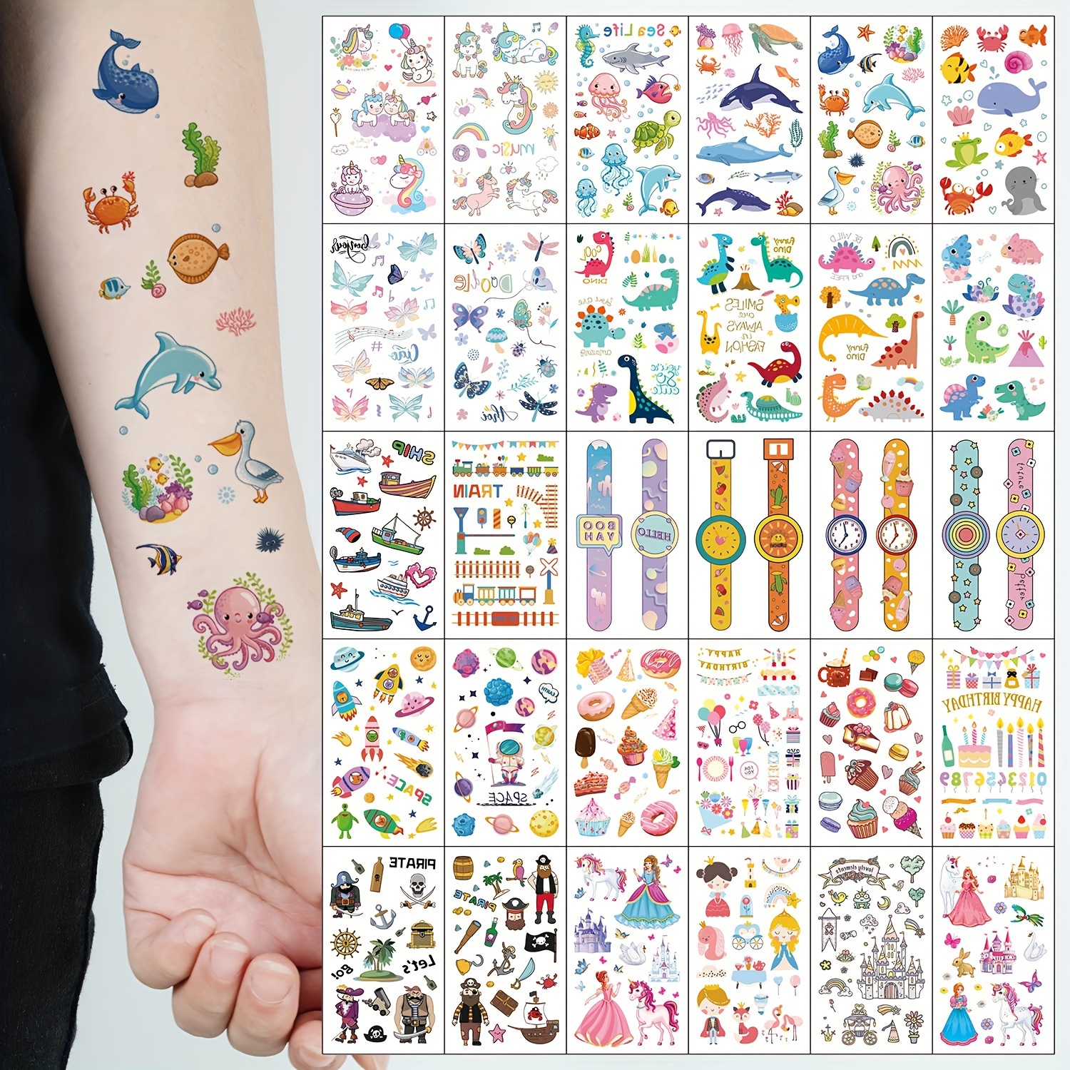

30pcs Set Of Cartoon Temporary Tattoo, With Unicorn Dinosaur Pirate Sea Animal Butterfly Patterns, Waterproof And Long Lasting Body Art Stickers
