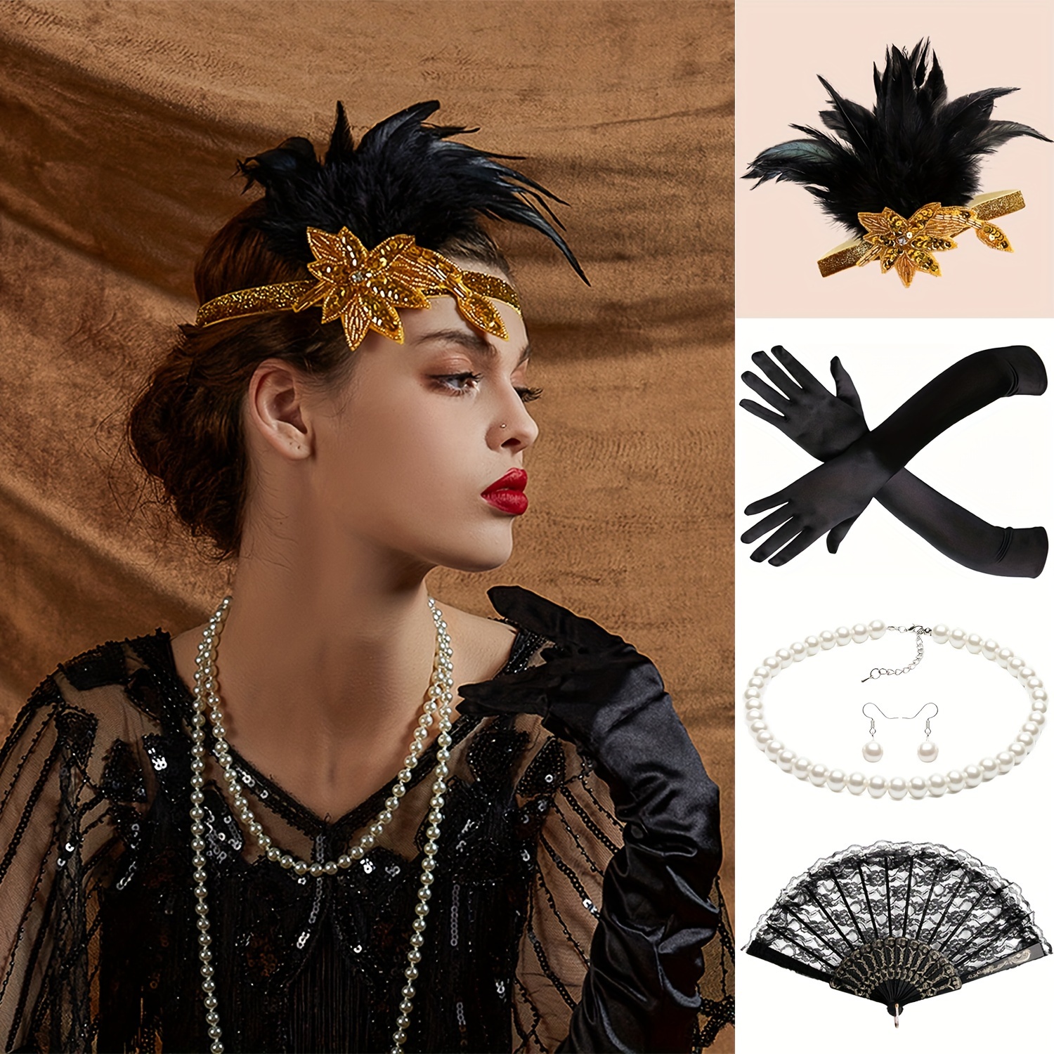5pack 1920s Ladies Fancy Dress Accessories Flapper Girl Headband Collier  Gants Plastic Holder 1920s Gatsby Accessories Set For Women