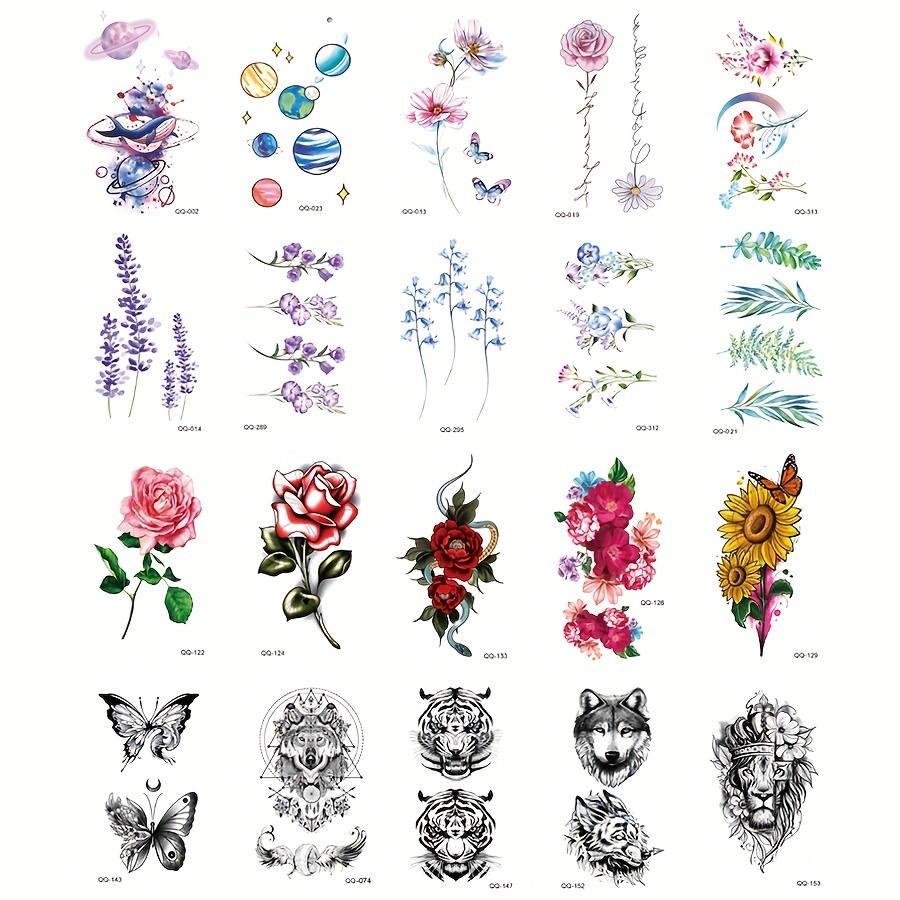 20 Styles Black Animal Colorful Flower Tattoo Stickers - Temu