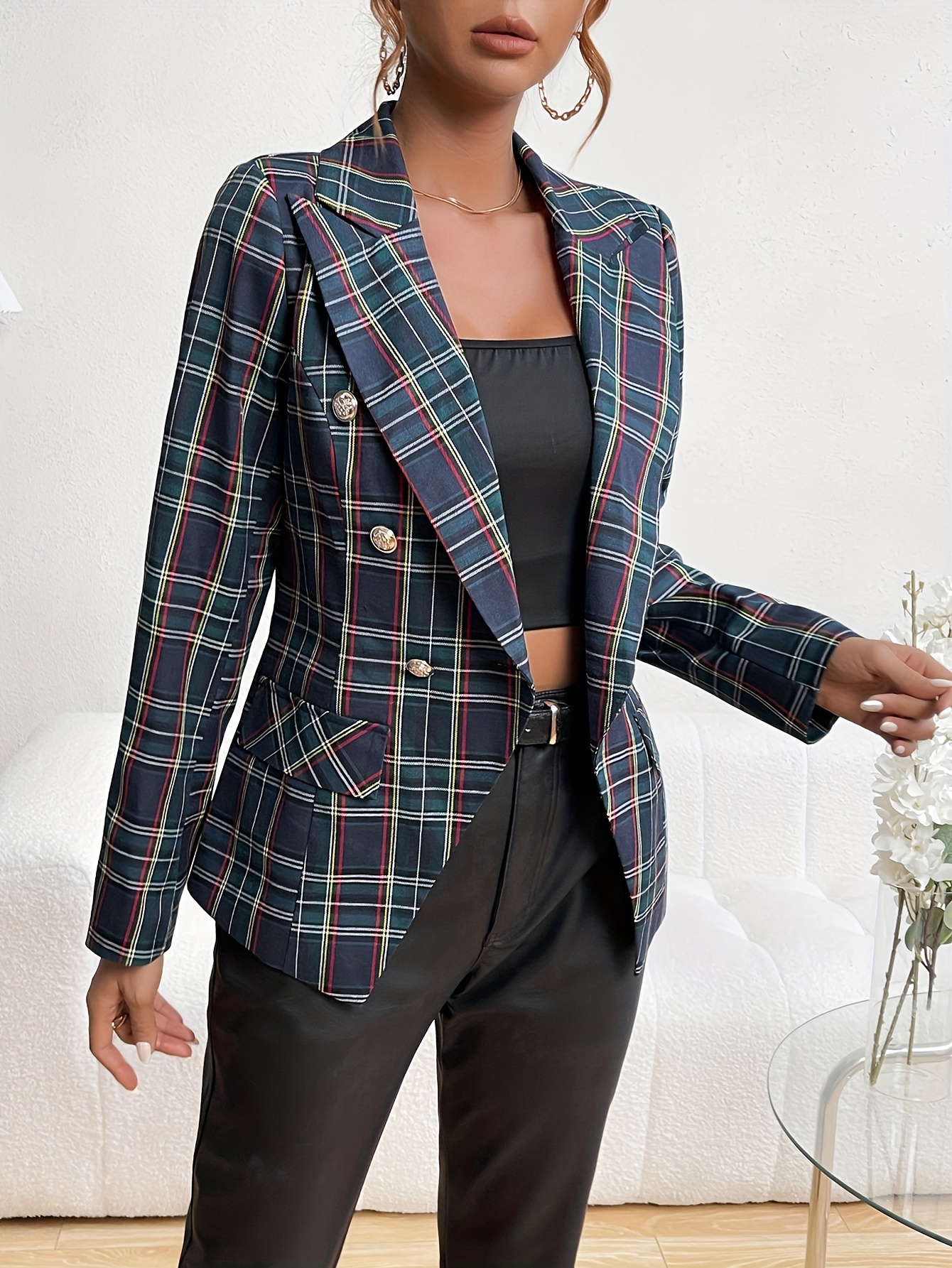 Women Casual Suit Set Slim Fit Plaid Outfits Lapel Open - Temu Canada