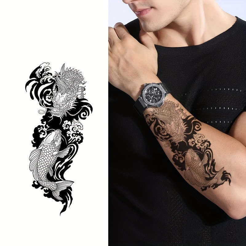 Fish Jumping Dragon Gate Traditional Disposable Tattoo - Temu