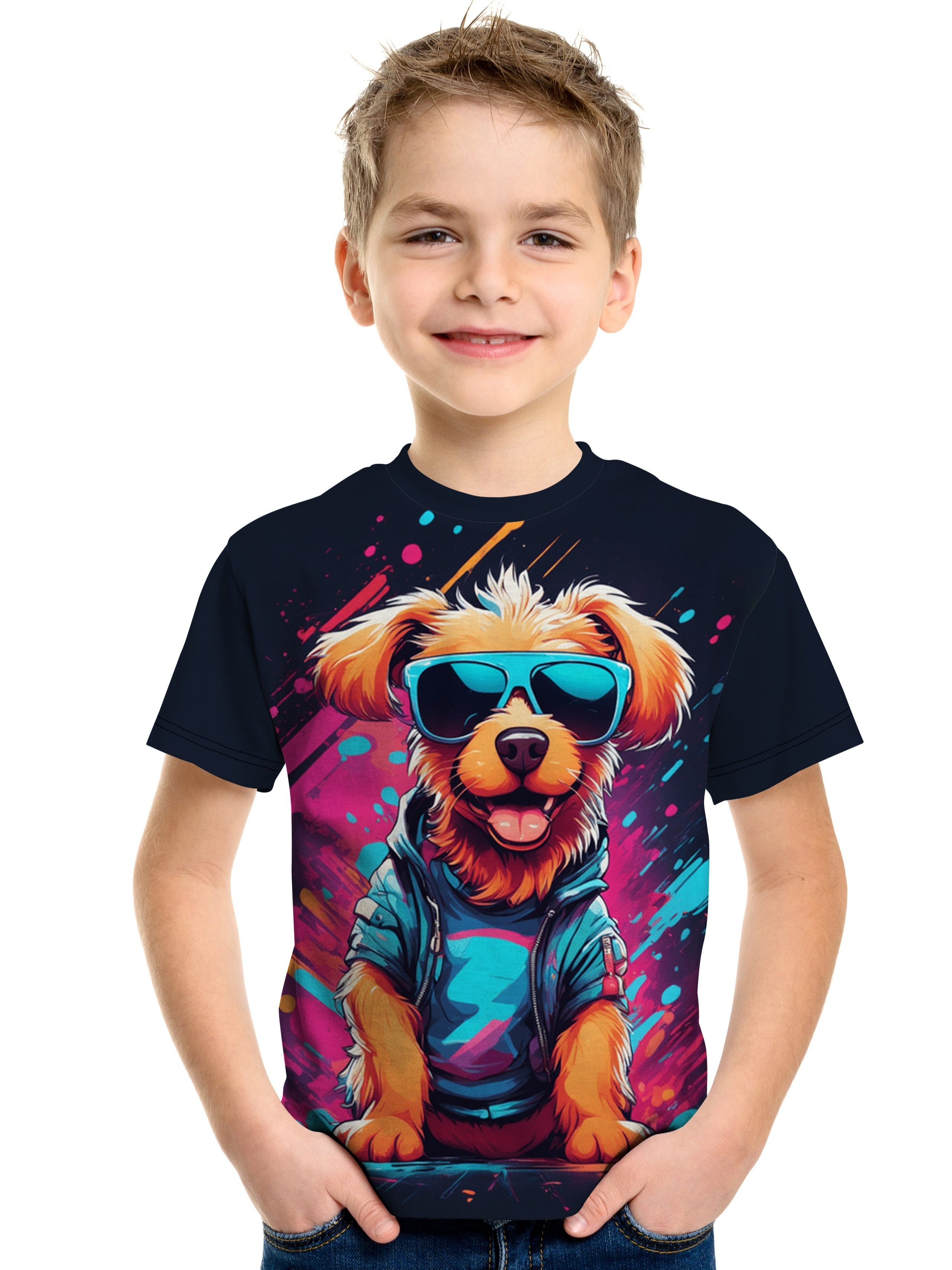 Cool Cartoon Dog Print Boy's Casual Tees Short Sleeve Crew Temu Australia