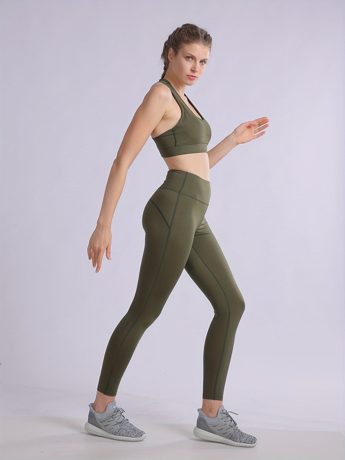 2pcs Solid Yoga Sports Bra & Leggings Set Women's Activewear