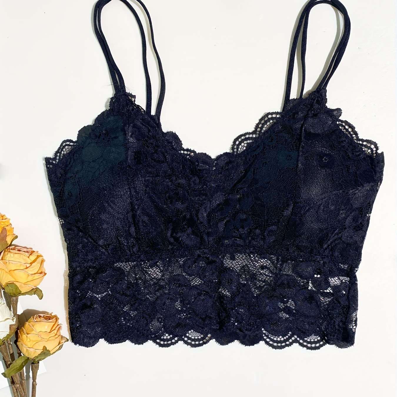 

Valentine's Day Sexy Floral Lace Wireless Bra, Scallop Trim V Neck Beauty Back Cami Bra, Women's Lingerie & Underwear