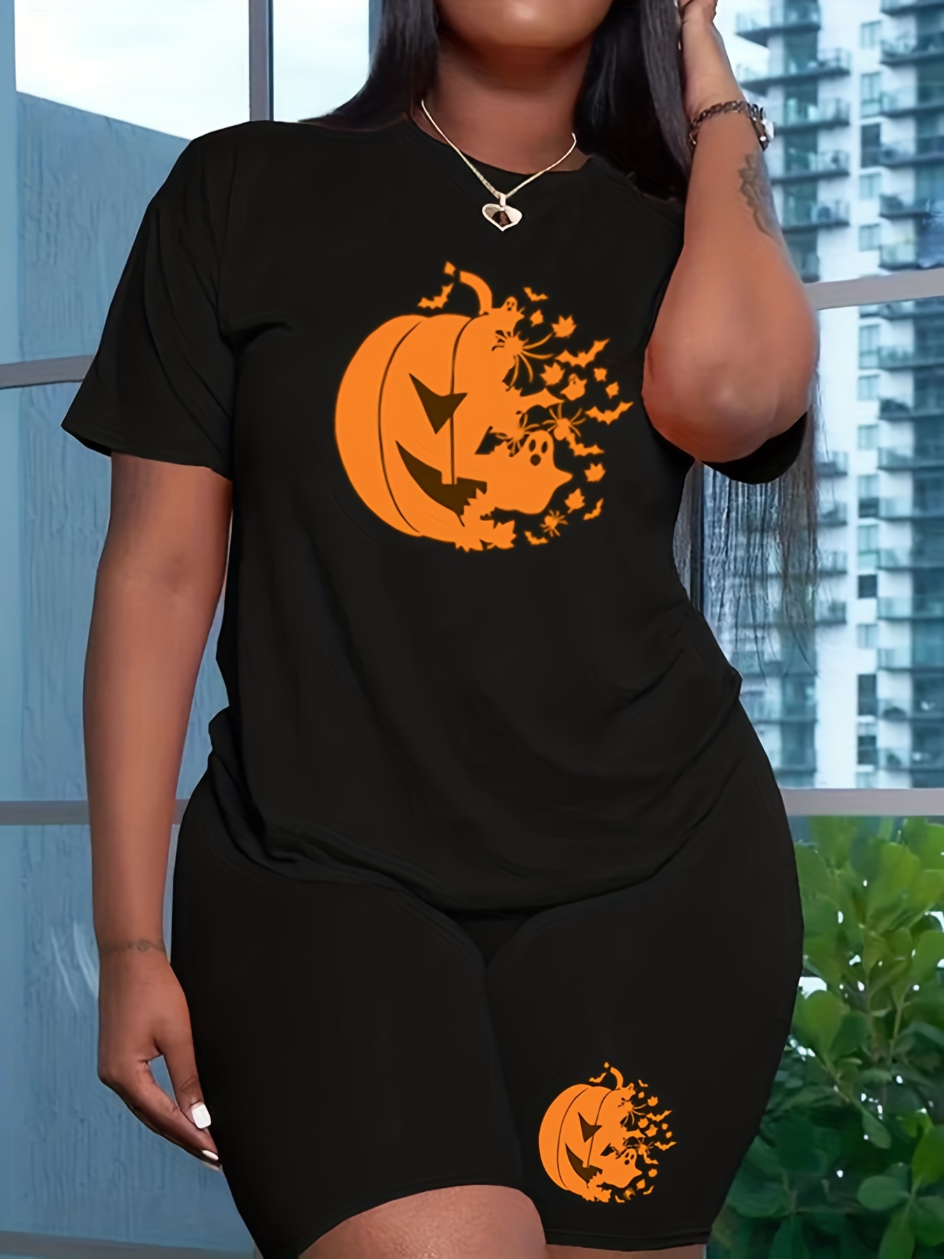 Halloween Pumpkin Print 2pc Set Tee & Biker Shorts Outfit