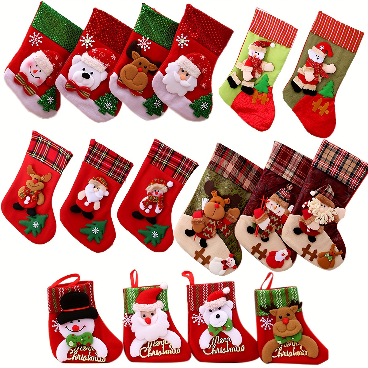 4 Christmas Stockings,15 Christmas Holiday Stockings with Christmas  Snowman Santa Reindeer Bear Christmas Stockings Set Gift and Treat Bag for  Favors and Decor…