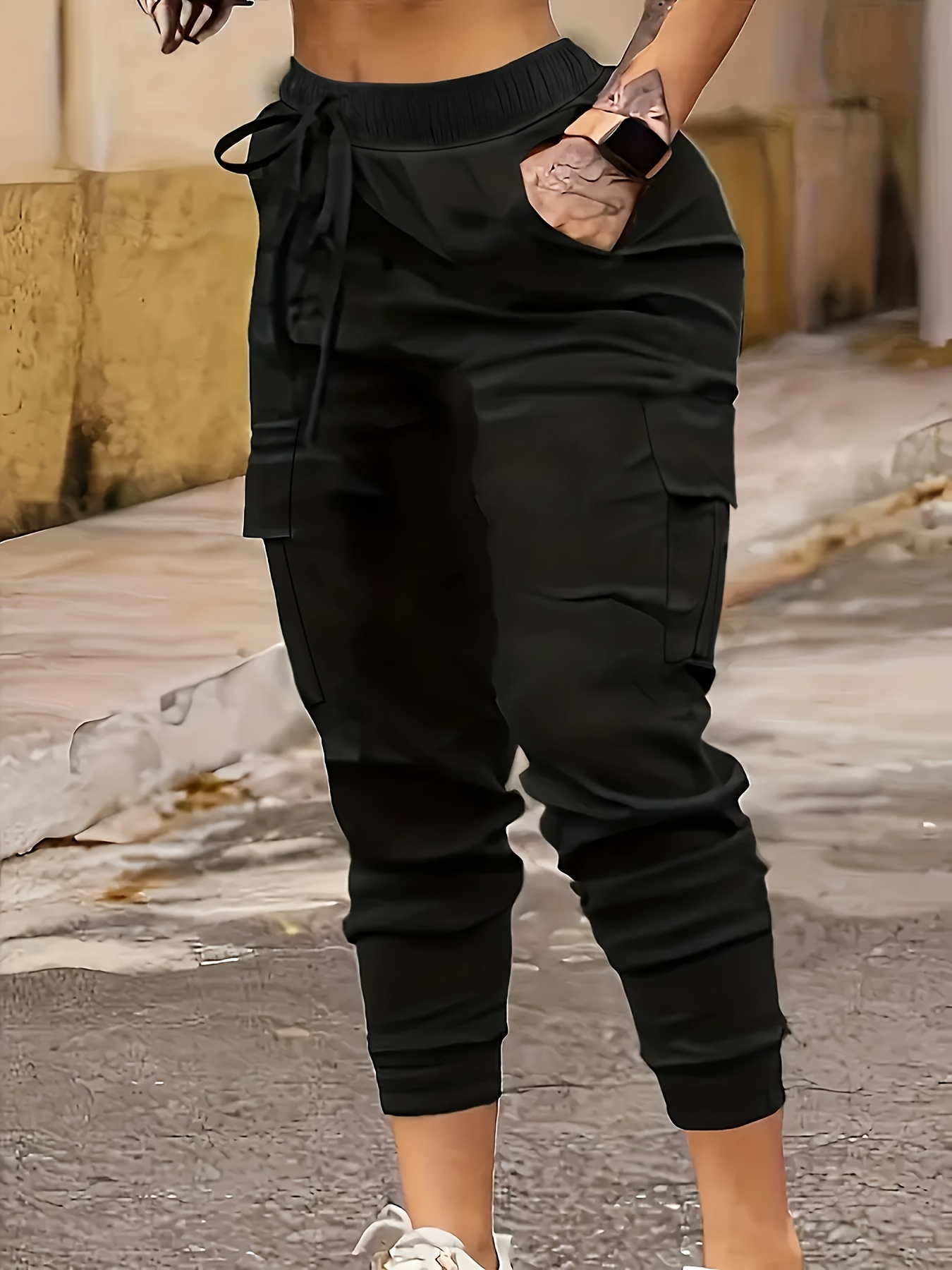 Pantalones cargo negros con bolsillos con solapa sueltos, pantalones  deportivos de cintura alta con cordón elástico y pierna recta, ropa de mujer