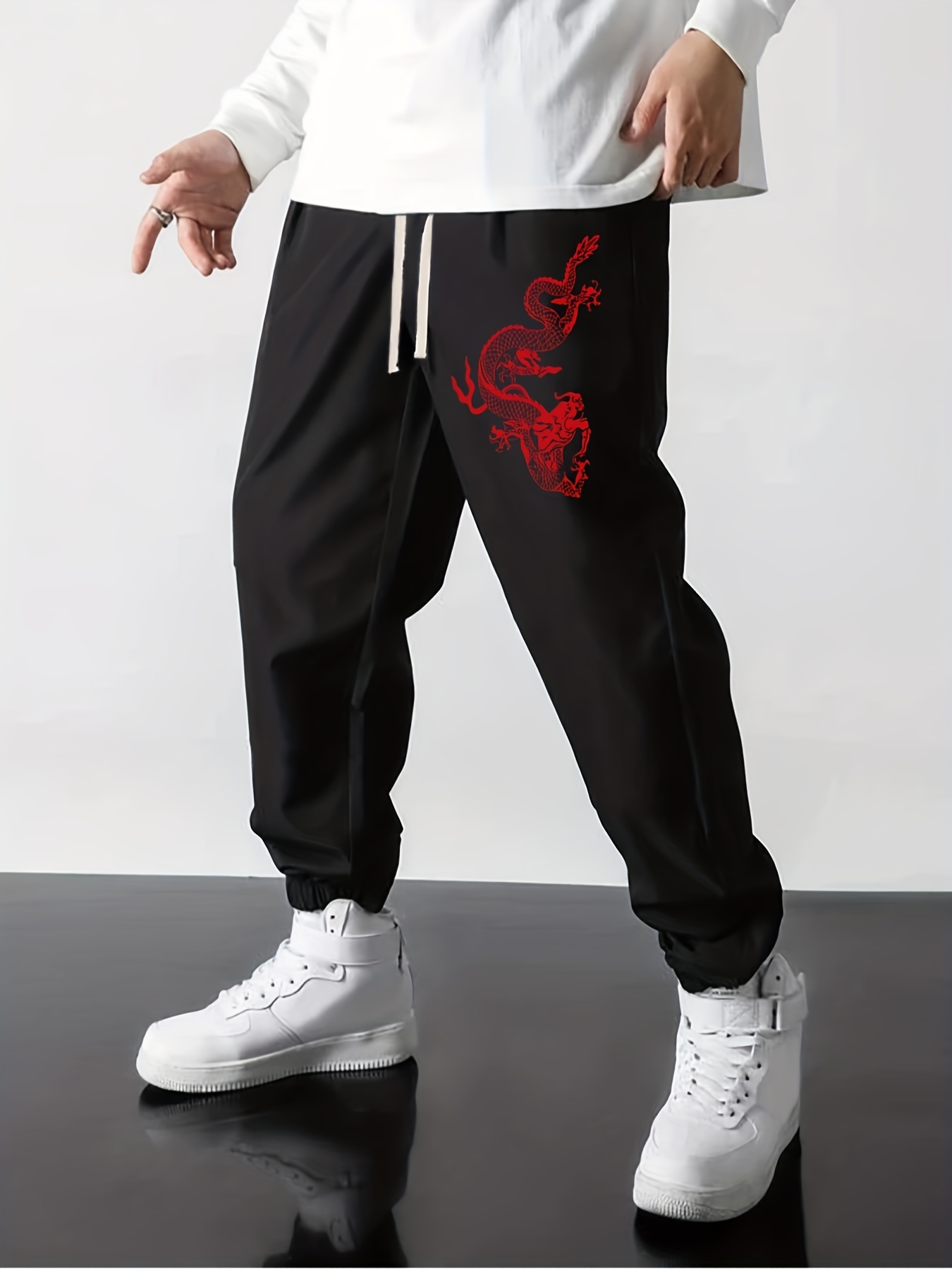 Dragon Print Drawstring Sweatpants Loose Fit Pants Men's - Temu