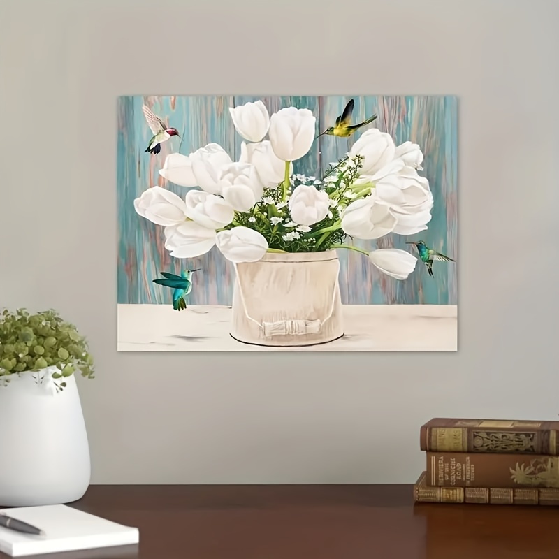 木製フレーム抽象キャンバス絵画1枚 美しい咲く白いチューリップの花の