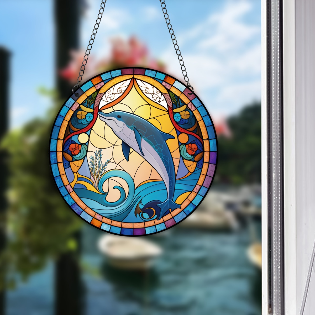 Dolphin Window Decor Stained Suncatcher Wreath Sign Stained - Temu