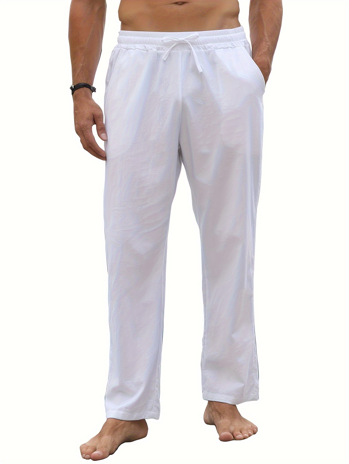Men's Plain Drawstring Cotton Pants Casual Loose Waistband - Temu