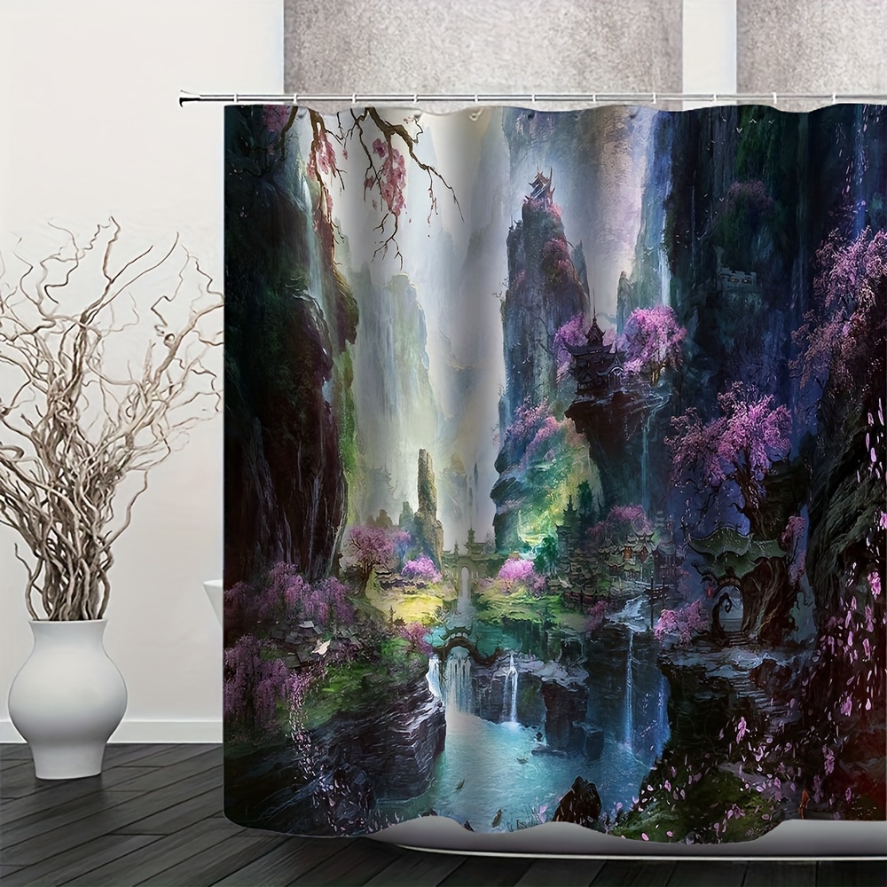 4pcs Landscape Print Shower Curtain Set, Bathroom Rug, U-Shape Mat, Toilet  Lid Pad, Waterproof Curtain Including 12 Hooks, 70.8x70.8/180x180cm, Aesth