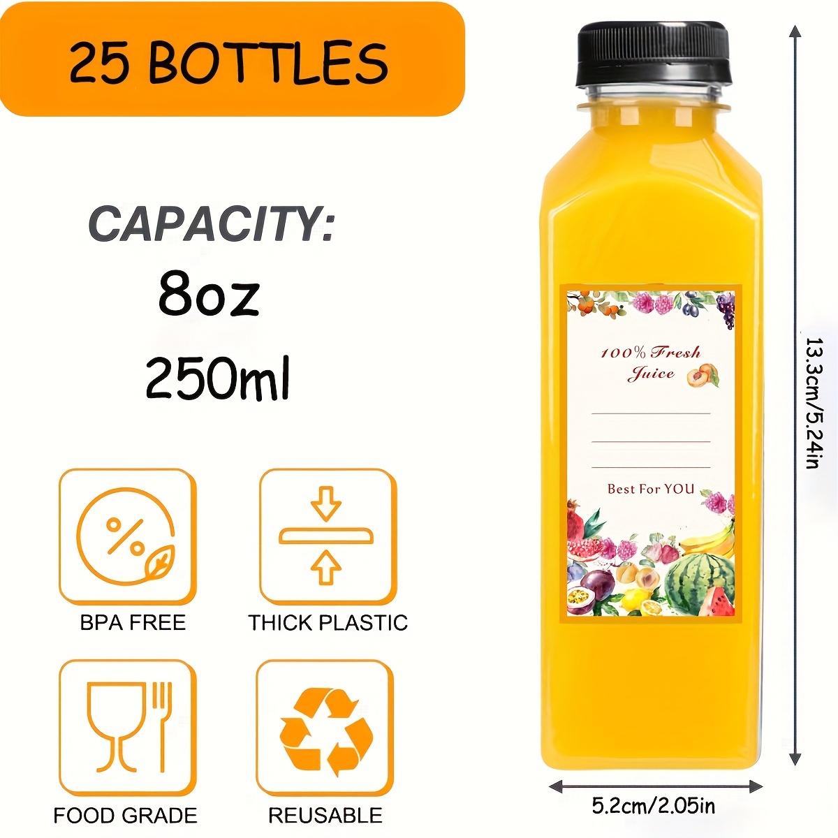 25pcs, Plastic Juice Bottles With Caps, Plastic Bottles With Caps, Orange  Juice Containers With Lids For Fridge, Reusable Smoothie Bottles, Refillable