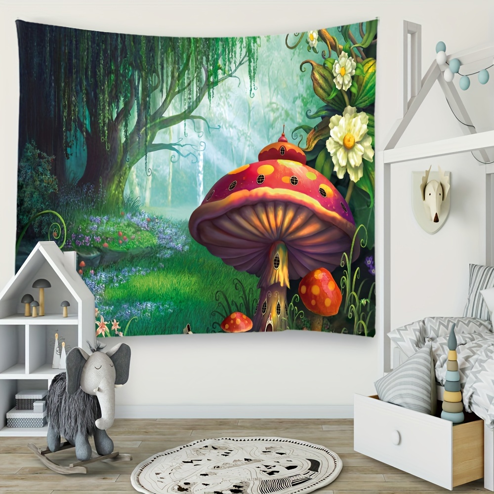 Wall Tapestry Forest Wall Hanging Nature Wall Cloth Spring Mushrooms,fairy  Tale For Kids Bedroom Living Room Dorm Wall Decor,birthday Background,210x1