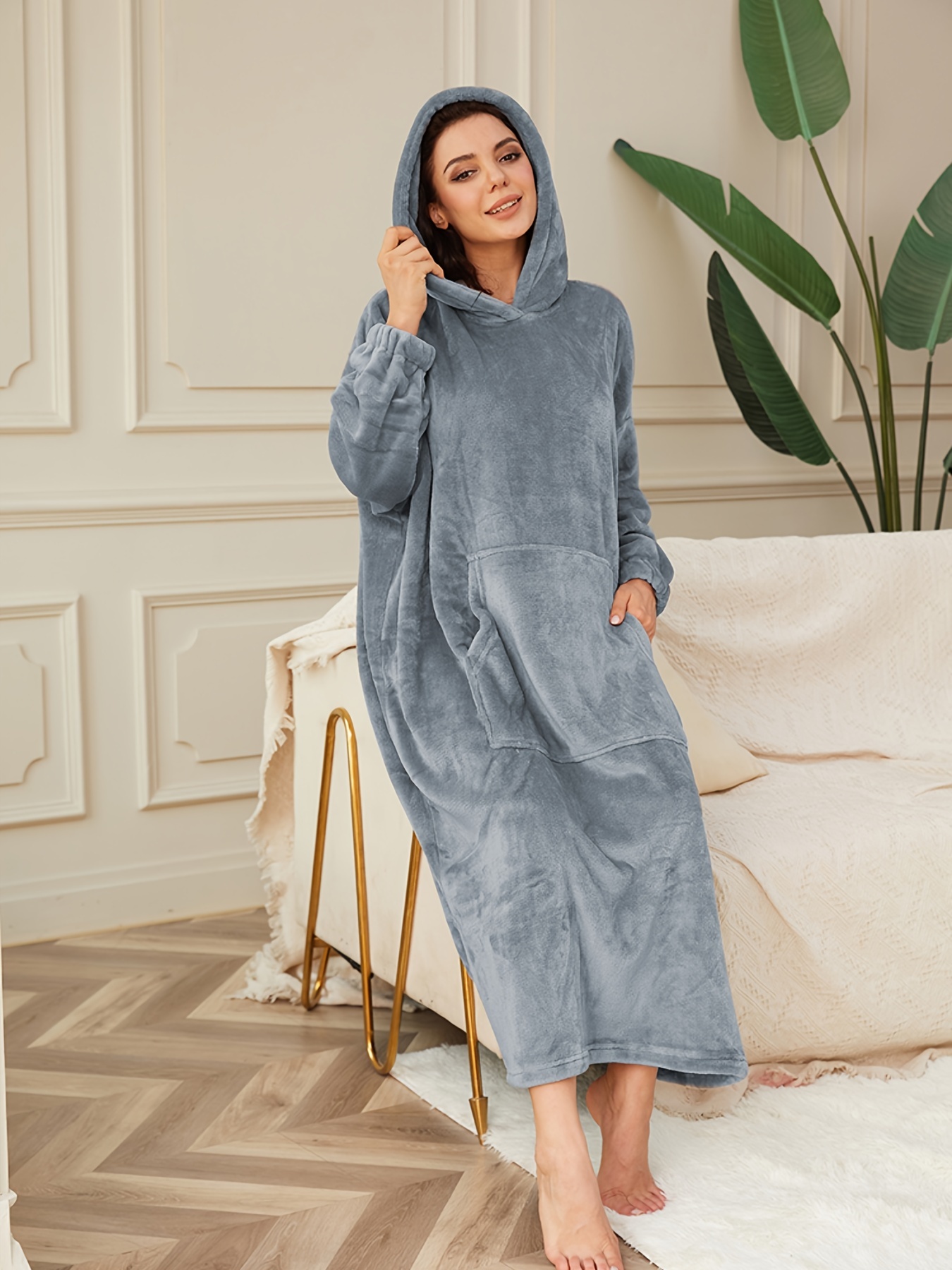 TureClos Women Bathrobe Long Sleeve Cozy Hooded Pajamas Household Dorm  Shower Bath Solid Color Robe Autumn Winter Sleepwear Ladies Gray XXL