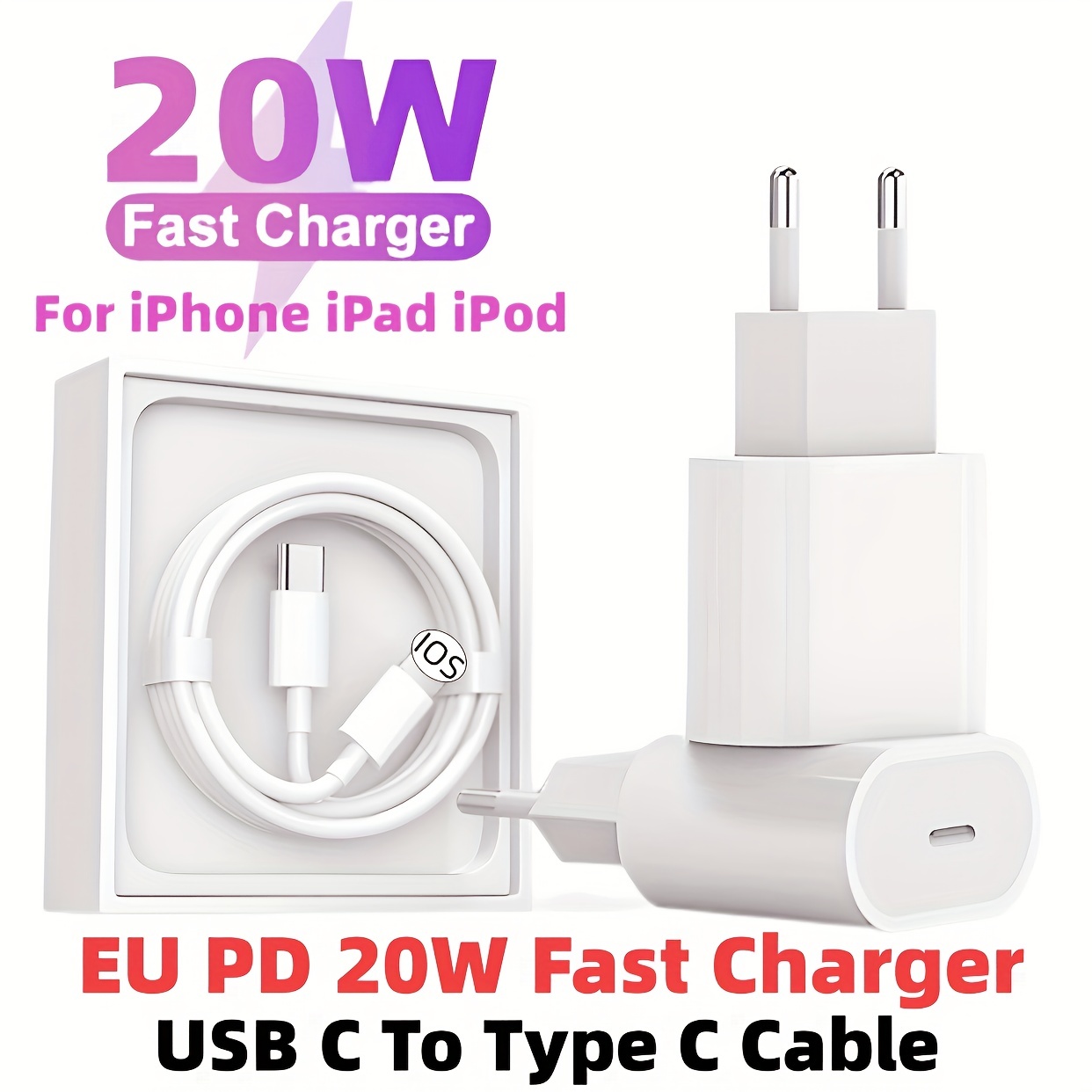20w Iphone Ipad Chargeur rapide Apple Usb-c Adaptateurs d'alimentation  Eu-plug