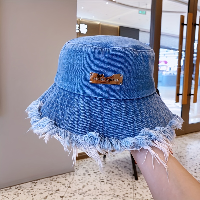 Hem Tassel Bucket Hat Trendy Washed Distressed Denim - Temu