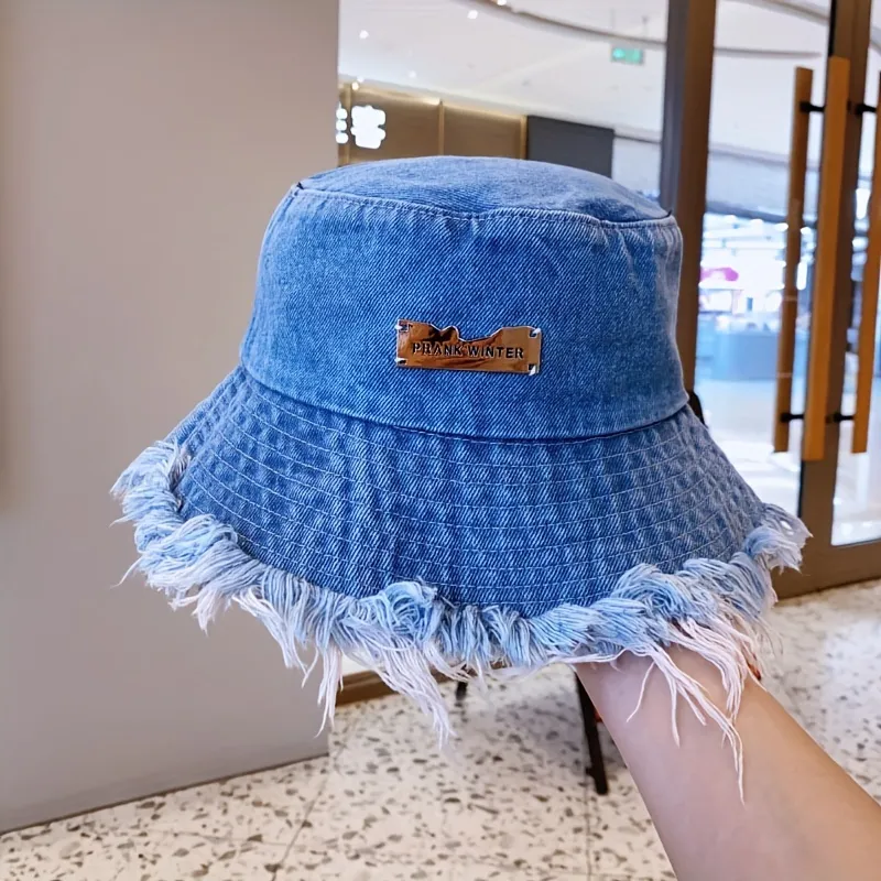 Hem Tassel Bucket Hat Trendy Washed Distressed Denim Basin Hat