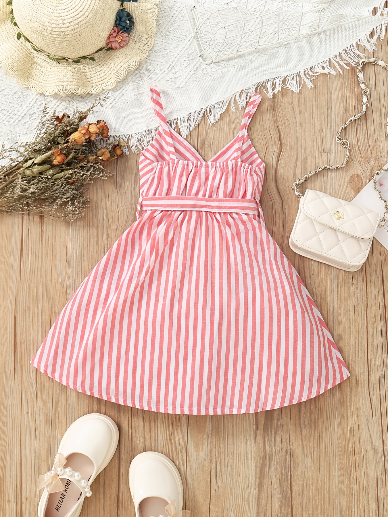 Girls Striped V-Neck Dress With Belt