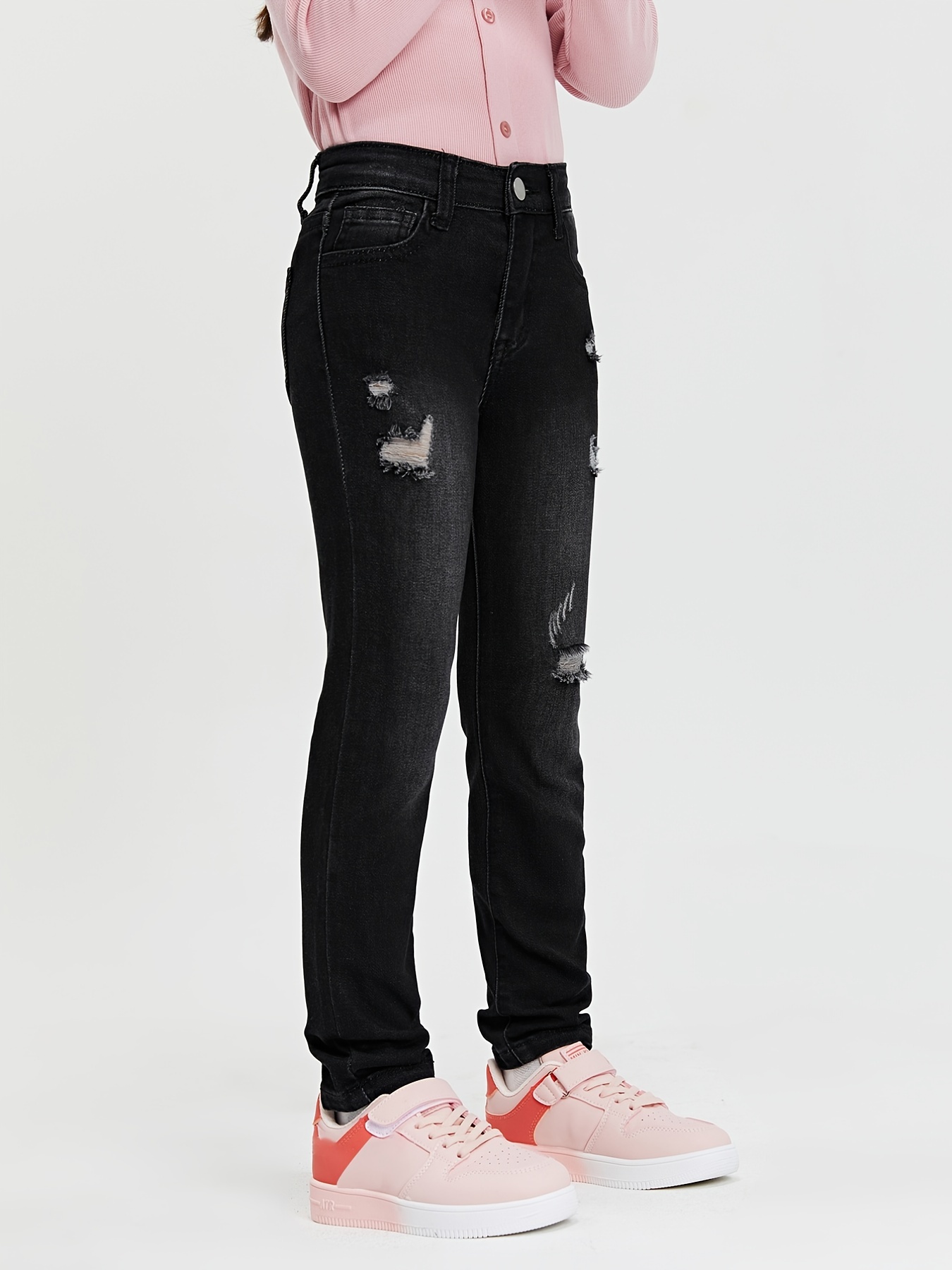 Girls Ripped Hole Zipper Fly Black Denim Jeans Kids Clothes - Temu