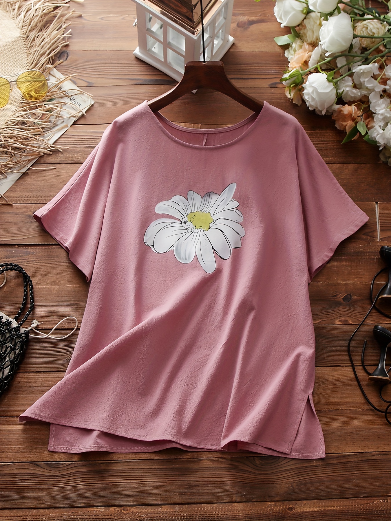 Plus Size Casual Top, Women's Plus Flower Print Short Sleeve Round
