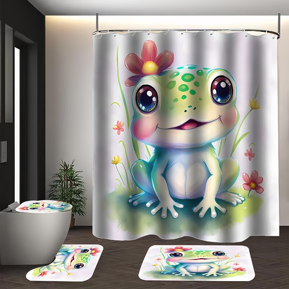 Cartoon Frog Print Shower Curtain Set Bath Rug U shape Mat - Temu