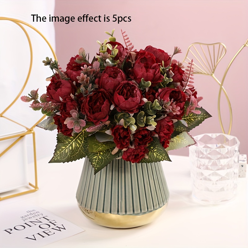 

1pc Artificial Peony Flower Bouquet, Burgundy Fake Flower Bundle For Home Decor, Wedding