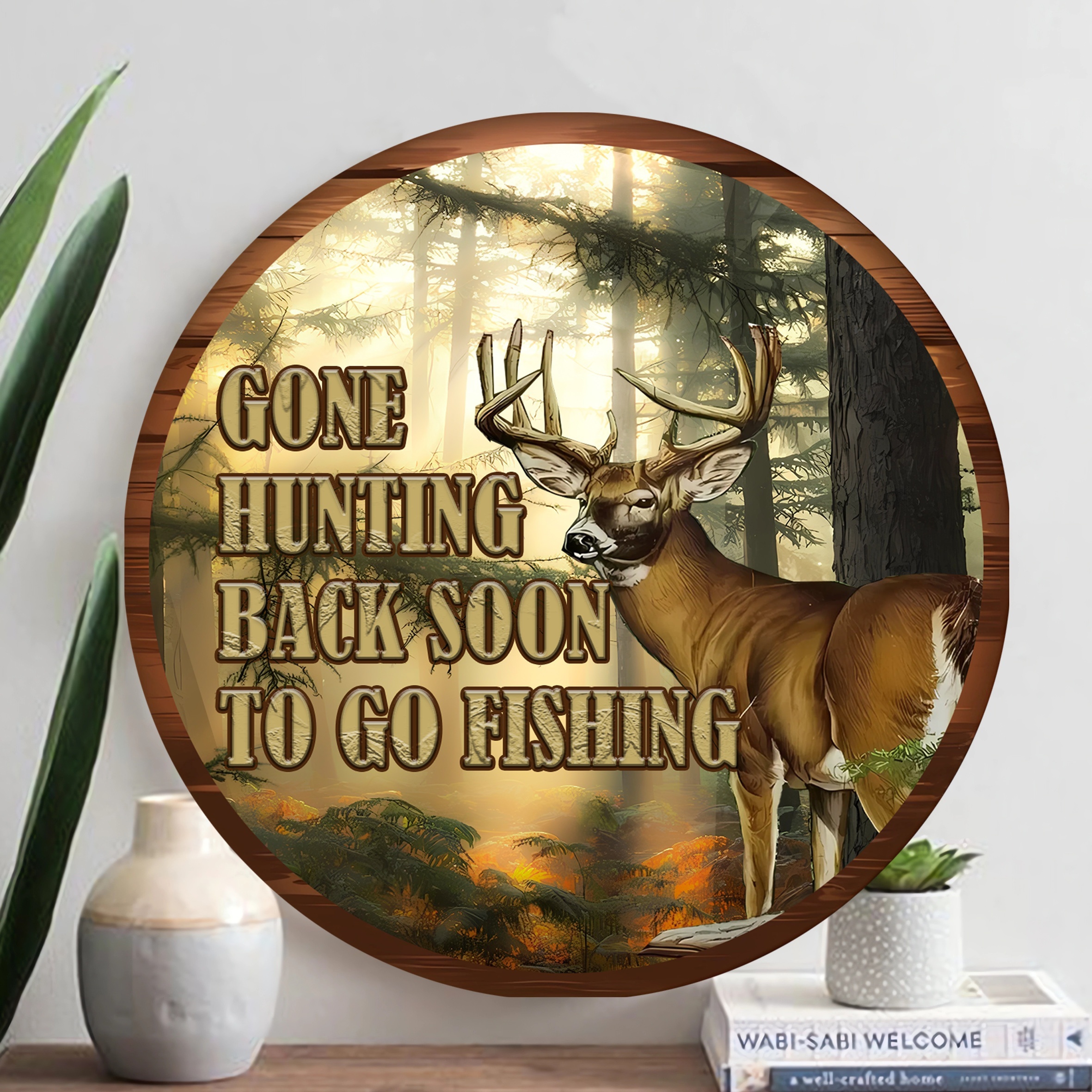 1pc, Wooden Sign, Gone Hunting Back Soon Funny Wildlife Deer Cabin Hunt  Sign, Outdoor Decor, Wall Art, Wooden Sign (8''x8''/20cm*20cm), Wall Decor,  Ro