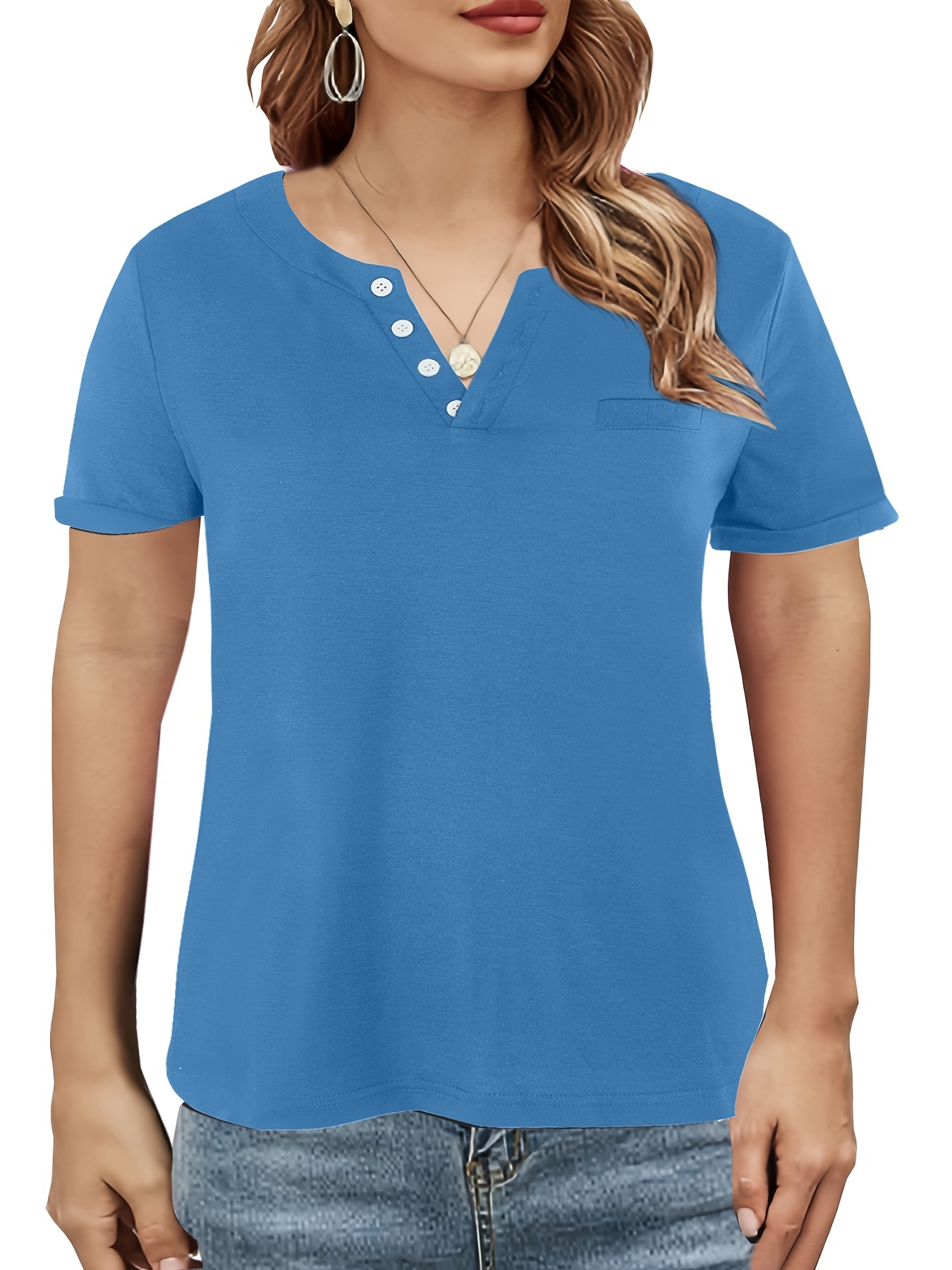 v neck button t shirt short sleeve solid t shirt casual every day tops womens clothing sky blue 1 0