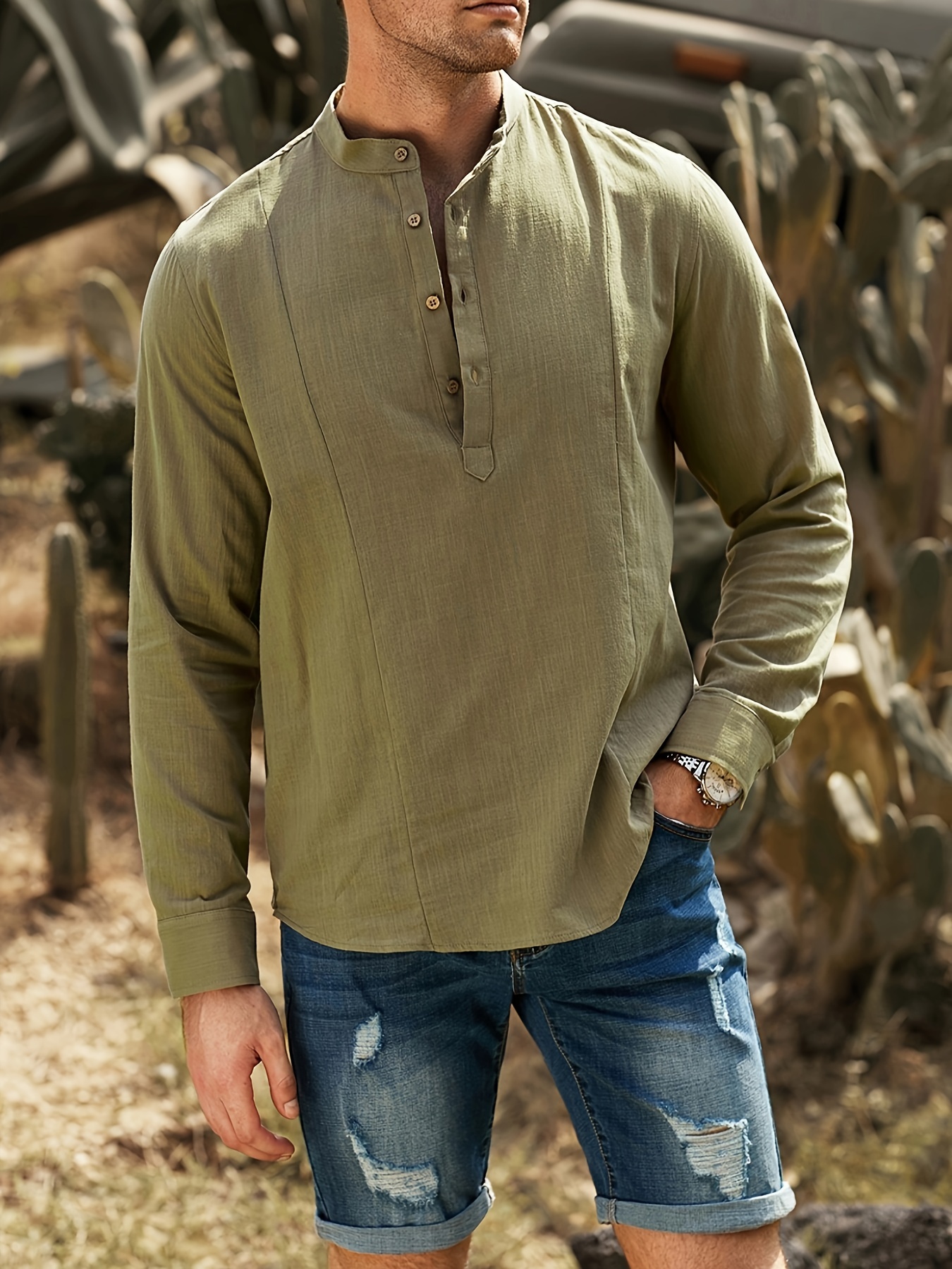 Classic Solid Color Men's Basic Cotton Tee, Casual Slim Short Sleeve Henley  Shirt With Button