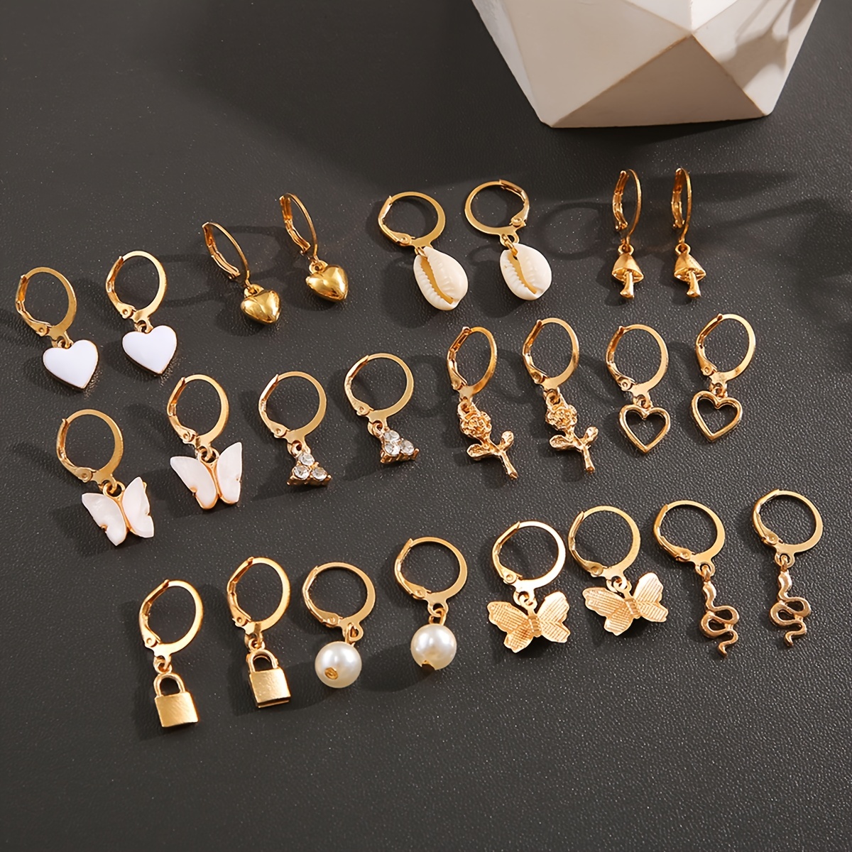 Lock Key Drop Earrings Set - Gold