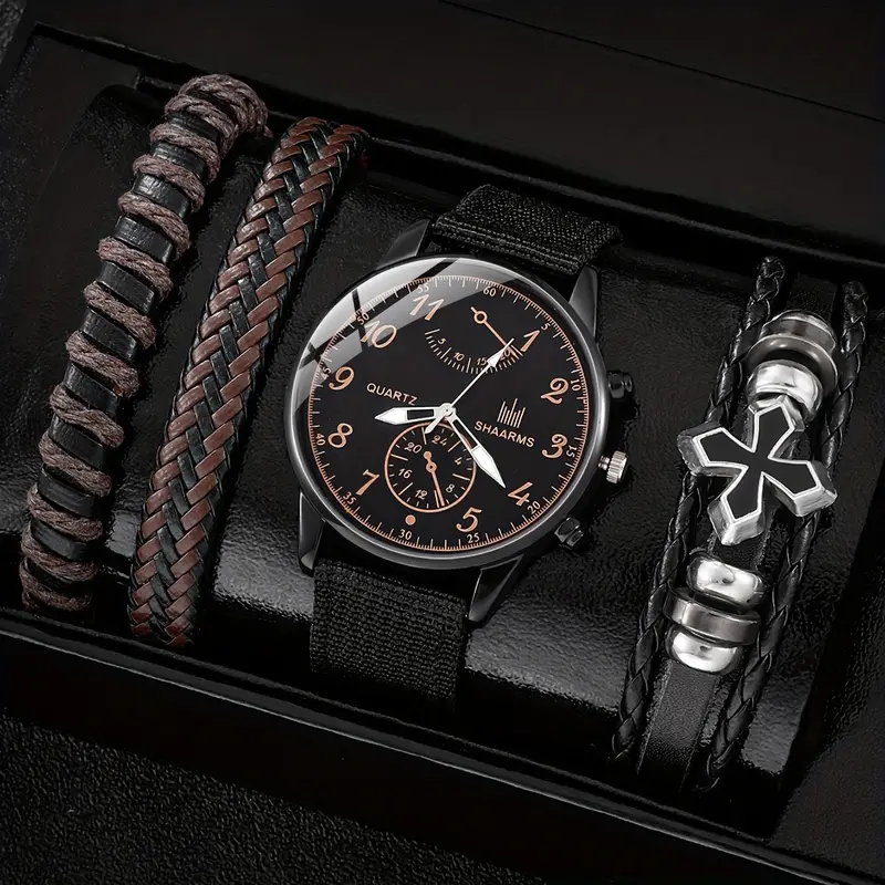 Men's Black Quartz Watch & Bracelet - Temu