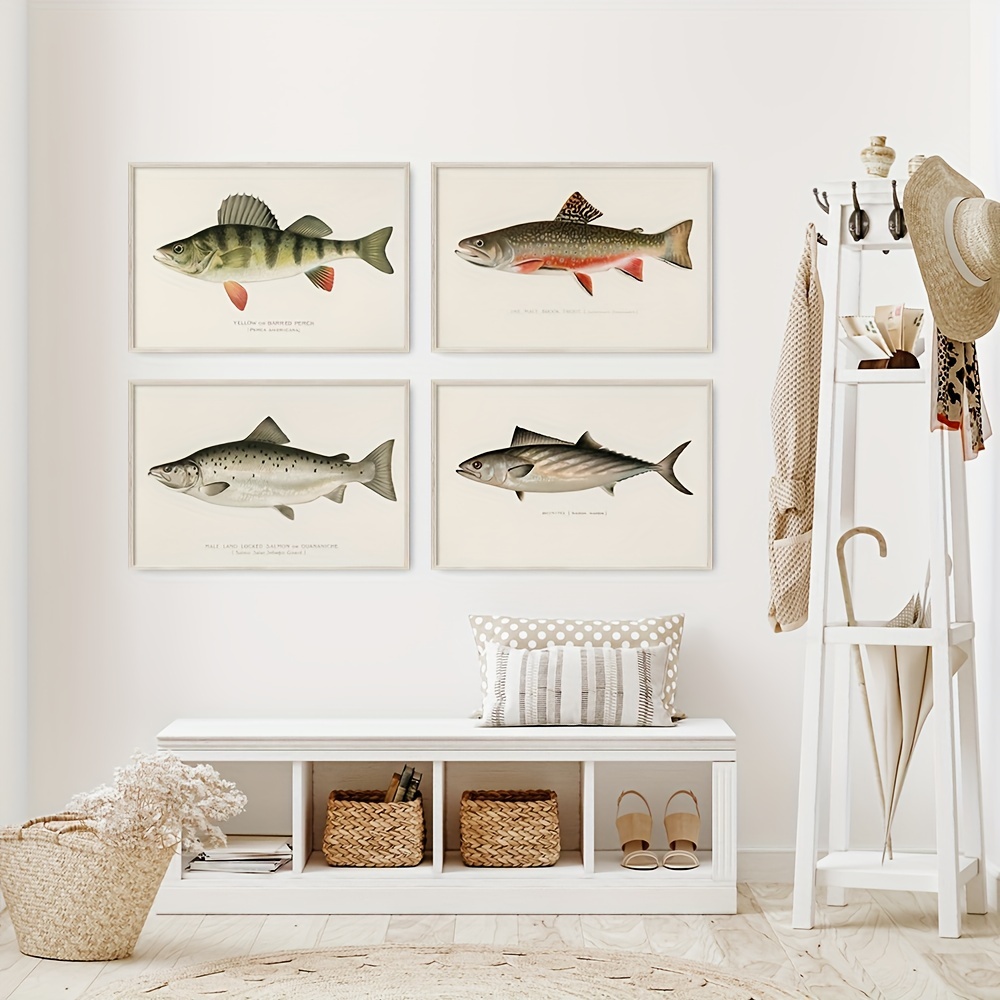 4Pcs/Set, Vintage Fish Wall Art, Vintage Rustic Nautical Art Prints For  Lake House, Kitchen Wall Art, Wall Art For Living Room, No Frame, 8x12inches