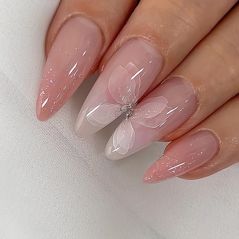 

24pcs Glossy Medium Almond Fake Nails, Ice Transparent Pink Gradient Press On Nails With Flower Design, Sweet False Nails For Women Girls Daily Wear