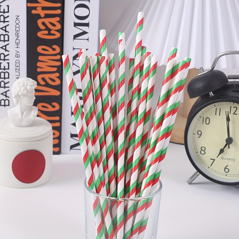 25pcs Disposable Red & Green Stripe Candy Cane Paper Straws