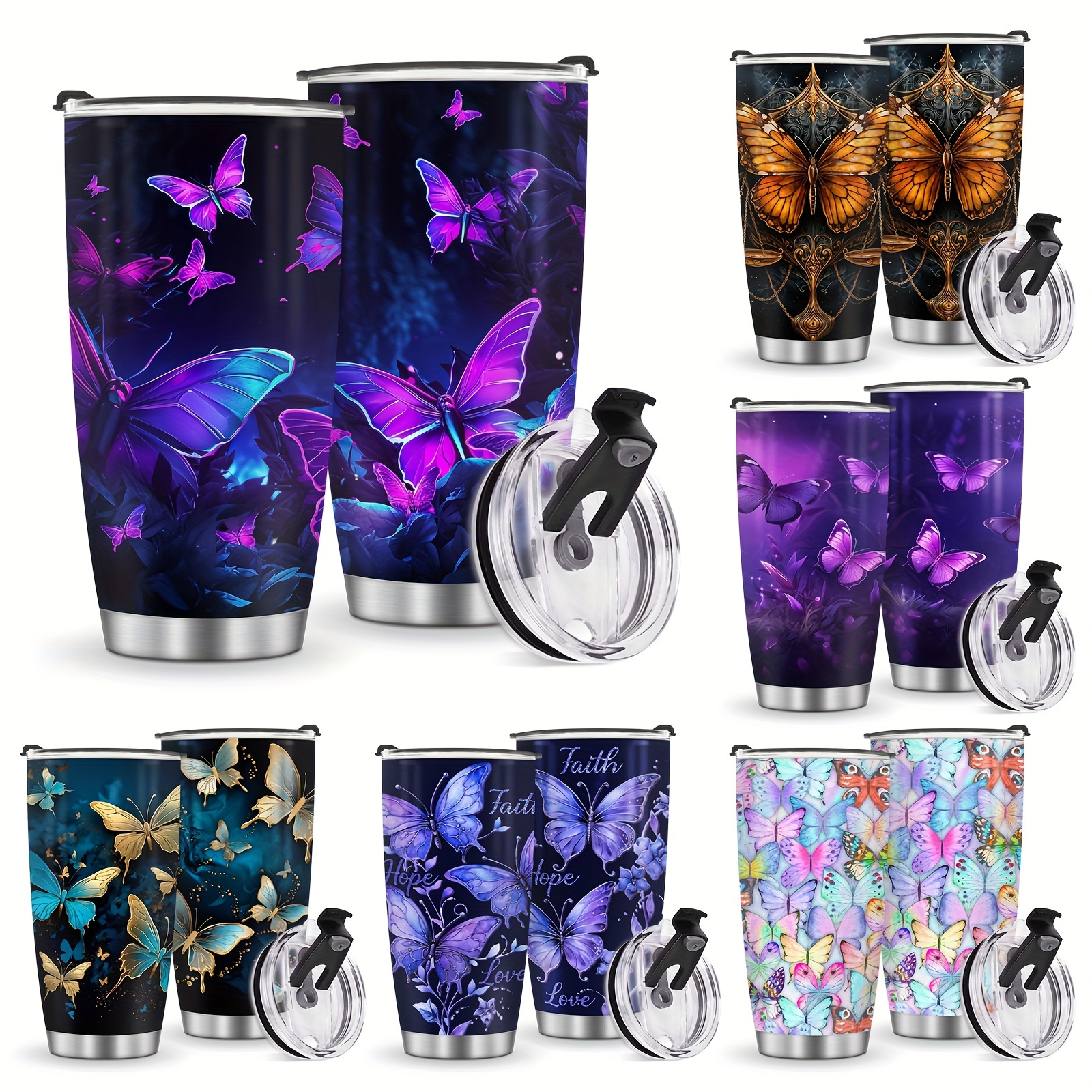 Butterfly Tumbler, Blue Purple Butterfly Gift, Butterfly Drinking Glasses/Tea Cup/Coffee Mug, Butterfly Decor Accessories- Butterfly Gifts for Women