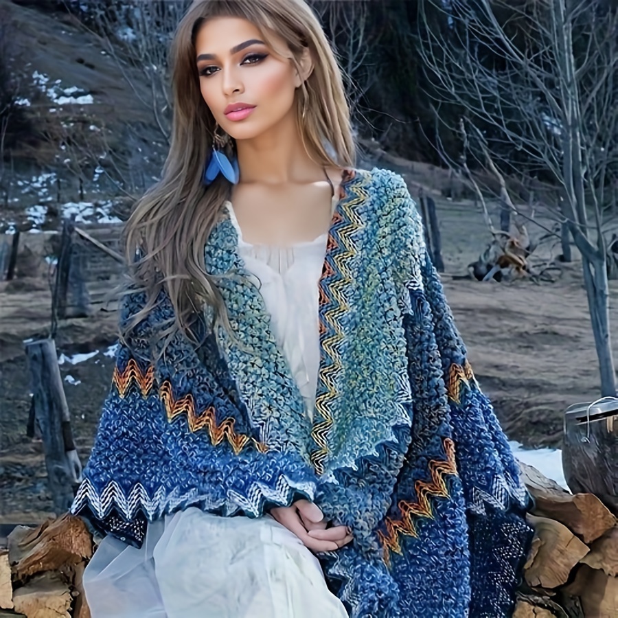 

Vintage Wavy Striped Knitted Shawl Large Open Front Tassel Cardigan Poncho Autumn Winter Travel Vacation Blanket Shawl