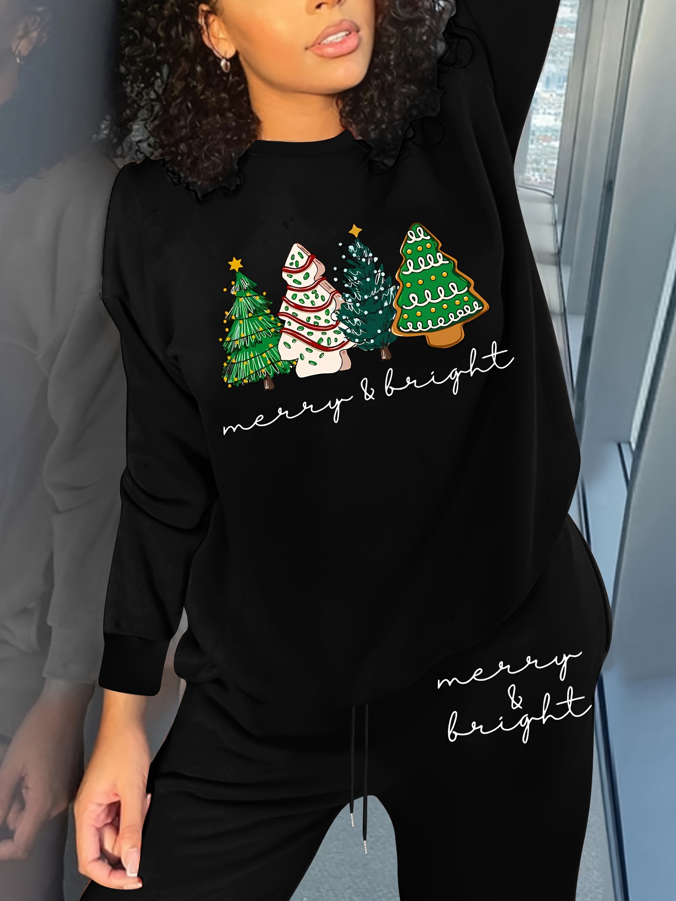 Plus Size Christmas Outfits Set, Women's Plus Christmas Tree & Slogan Print  Long Sleeve Crew Neck Sweatshirt & Jogger Sweatpants Outfits Two Piece Set
