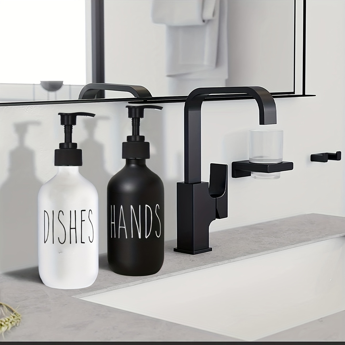 2Pcs Kitchen Sink Dish Soap Dispenser Set Black Refillable Hands Soap  Bottle Farmhouse Kitchen Soap Bottle with Waterproof Label