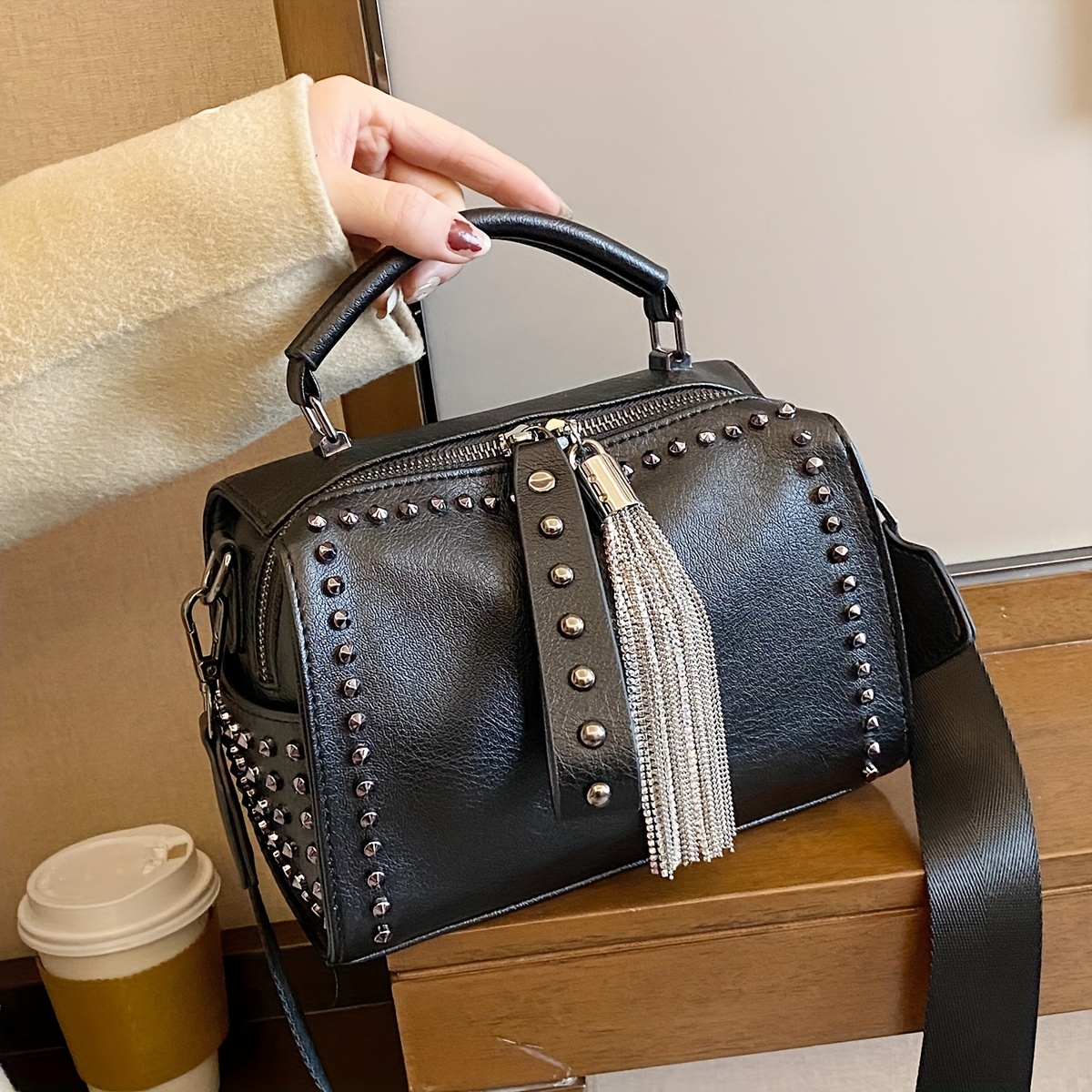 

Vintage Tassel & Rivets Decor Handbag, Ladies Fashion Punk Style Crossbody Boston Bag, Women's Y2k Style Novelty Bag
